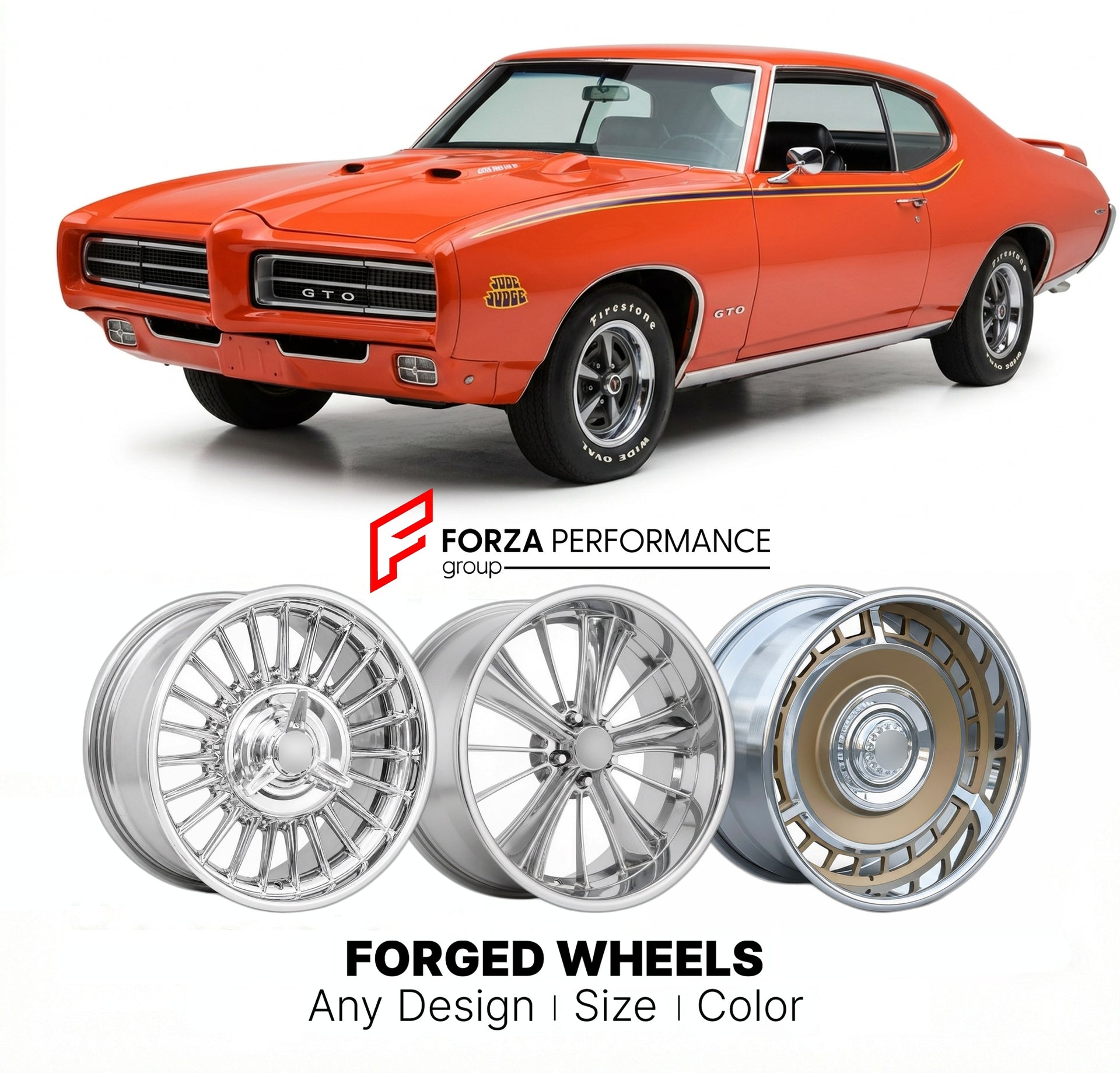 CUSTOM CLASSIC VINTAGE RESTOMOD RETRO OLD SCHOOL FORGED WHEELS RIMS for PONTIAC GTO JUDGE 1969 - 1971
Custom forged wheels for classic American muscle cars. Ideal for restomod builds, vintage restorations, and show cars. Deep dish and retro styling available.

We manufacture premium quality forged wheels rims for Pontiac GTO Judge 1969 - 1971 in any design, size, color.

THIS WHEEL DESIGN CAN BE CUSTOM-MADE FOR YOUR CAR IN ANY SIZE AND COLOR OPTIONS
Available in monoblock, 2-piece, 3-piece, duoblock, beadlo