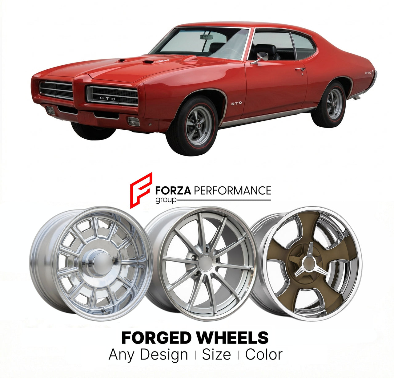 CUSTOM CLASSIC VINTAGE RESTOMOD RETRO OLD SCHOOL FORGED WHEELS RIMS for PONTIAC GTO RAM AIR IV 1969 - 1970
Custom forged wheels for classic American muscle cars. Ideal for restomod builds, vintage restorations, and show cars. Deep dish and retro styling available.

We manufacture premium quality forged wheels rims for Pontiac GTO Ram Air IV 1969 - 1970 in any design, size, color.

THIS WHEEL DESIGN CAN BE CUSTOM-MADE FOR YOUR CAR IN ANY SIZE AND COLOR OPTIONS
Available in monoblock, 2-piece, 3-piece, duoblo