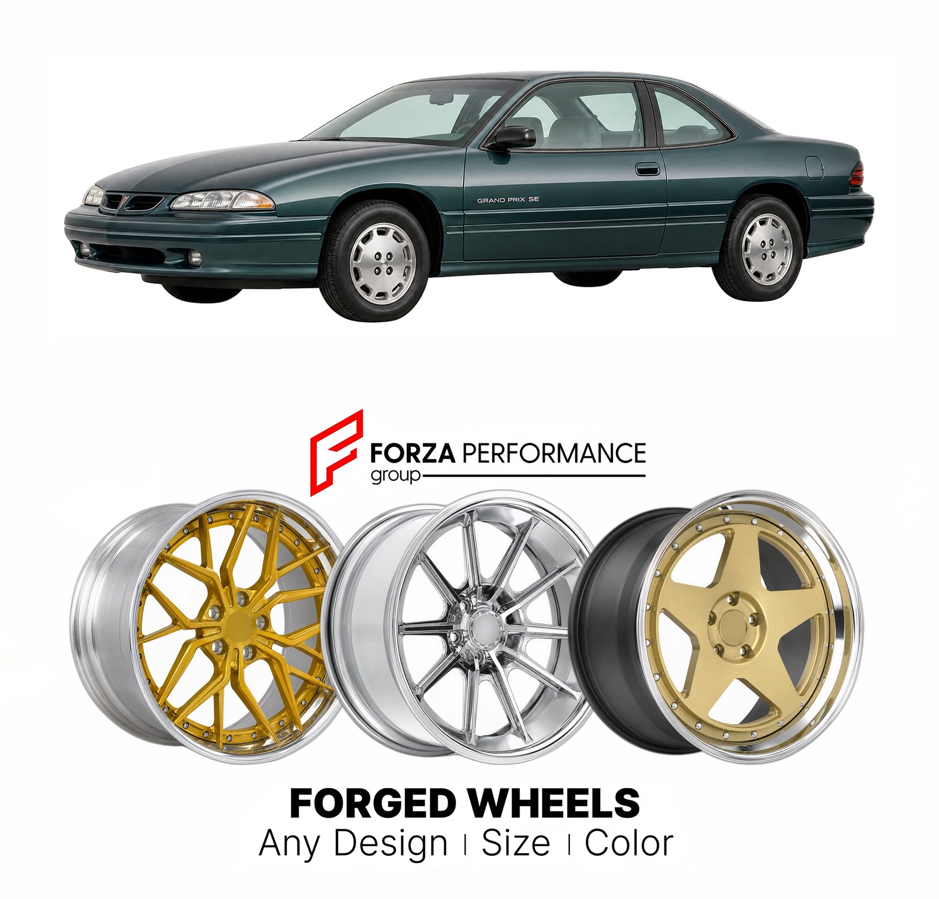 FORGED WHEELS RIMS for PONTIAC GRAND PRIX SE W-BODY 1990 - 2008

Custom forged wheels for Pontiac Grand Prix SE W-Body 1990 - 2008. Made-to-order monoblock, 2-piece and 3-piece rims in custom sizes, offsets, colors and finishes with guaranteed fitment.

We manufacture premium quality forged wheels rims for Pontiac Grand Prix SE W-Body 1990 - 2008 in any design, size, color.

THIS WHEEL DESIGN CAN BE CUSTOM-MADE FOR YOUR CAR IN ANY SIZE AND COLOR OPTIONS
Available in monoblock, 2-piece, 3-piece, duoblock, be