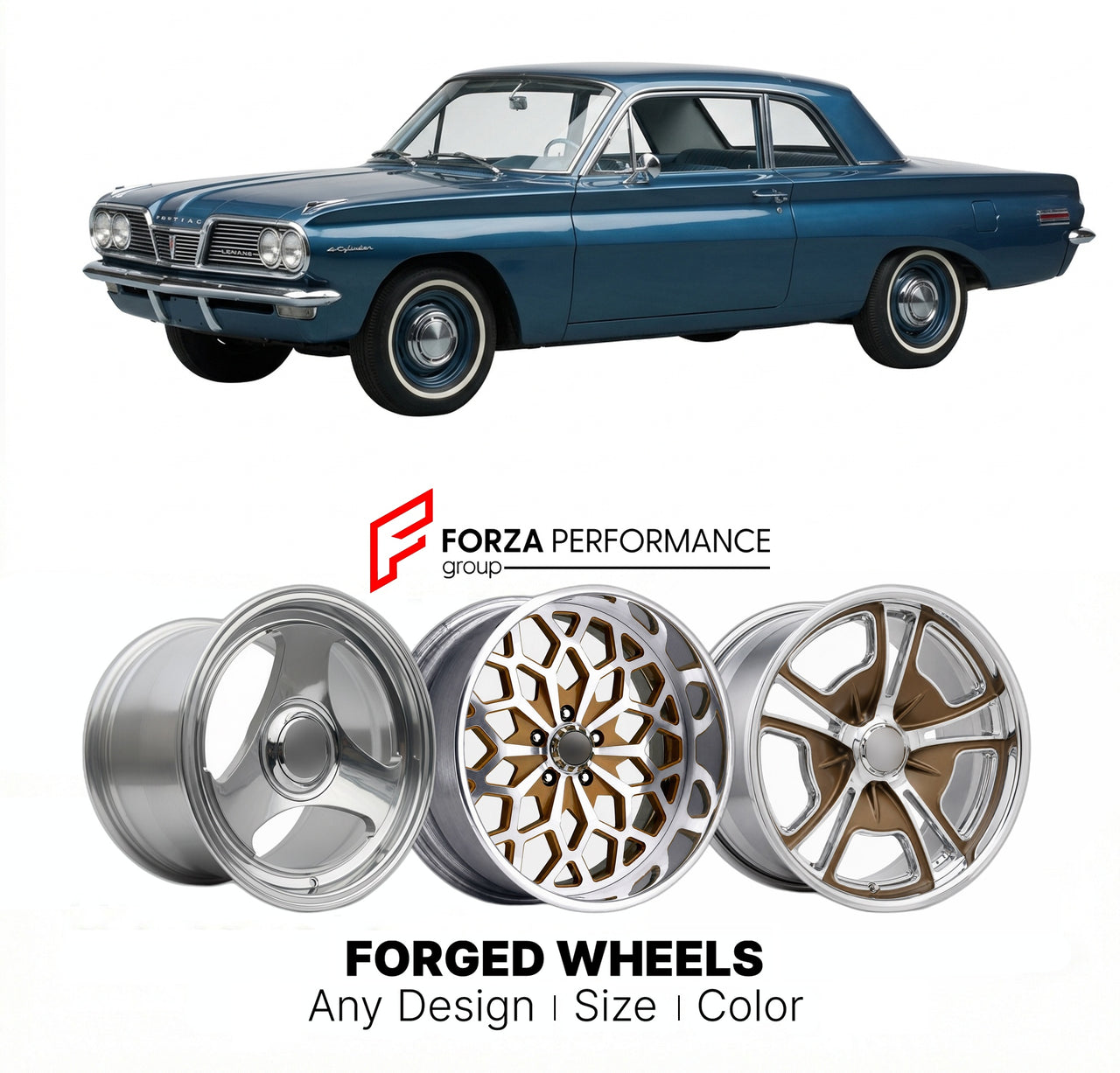 CUSTOM CLASSIC VINTAGE RESTOMOD RETRO OLD SCHOOL FORGED WHEELS RIMS for PONTIAC LEMANS 1962 - 1963
Custom forged wheels for classic American muscle cars. Ideal for restomod builds, vintage restorations, and show cars. Deep dish and retro styling available.

We manufacture premium quality forged wheels rims for Pontiac LeMans 1962 - 1963 in any design, size, color.

THIS WHEEL DESIGN CAN BE CUSTOM-MADE FOR YOUR CAR IN ANY SIZE AND COLOR OPTIONS
Available in monoblock, 2-piece, 3-piece, duoblock, beadlock
3D 