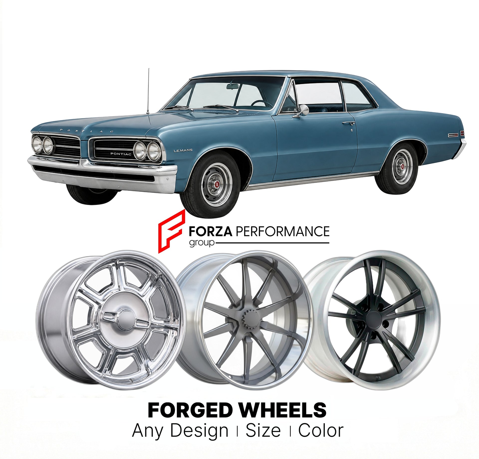 CUSTOM CLASSIC VINTAGE RESTOMOD RETRO OLD SCHOOL FORGED WHEELS RIMS for PONTIAC LEMANS 1964 - 1967
Custom forged wheels for classic American muscle cars. Ideal for restomod builds, vintage restorations, and show cars. Deep dish and retro styling available.

We manufacture premium quality forged wheels rims for Pontiac LeMans 1964 - 1967 in any design, size, color.

THIS WHEEL DESIGN CAN BE CUSTOM-MADE FOR YOUR CAR IN ANY SIZE AND COLOR OPTIONS
Available in monoblock, 2-piece, 3-piece, duoblock, beadlock
3D 