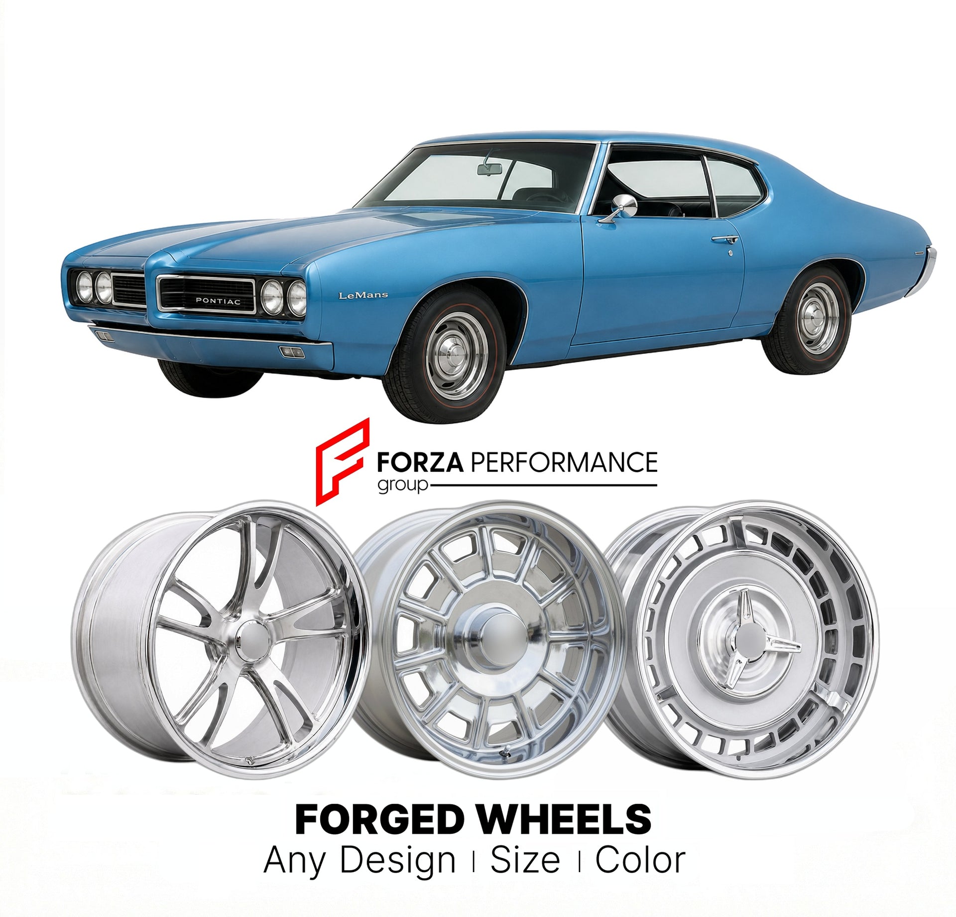 CUSTOM CLASSIC VINTAGE RESTOMOD RETRO OLD SCHOOL FORGED WHEELS RIMS for PONTIAC LEMANS 1968 - 1972
Custom forged wheels for classic American muscle cars. Ideal for restomod builds, vintage restorations, and show cars. Deep dish and retro styling available.

We manufacture premium quality forged wheels rims for Pontiac LeMans 1968 - 1972 in any design, size, color.

THIS WHEEL DESIGN CAN BE CUSTOM-MADE FOR YOUR CAR IN ANY SIZE AND COLOR OPTIONS
Available in monoblock, 2-piece, 3-piece, duoblock, beadlock
3D 