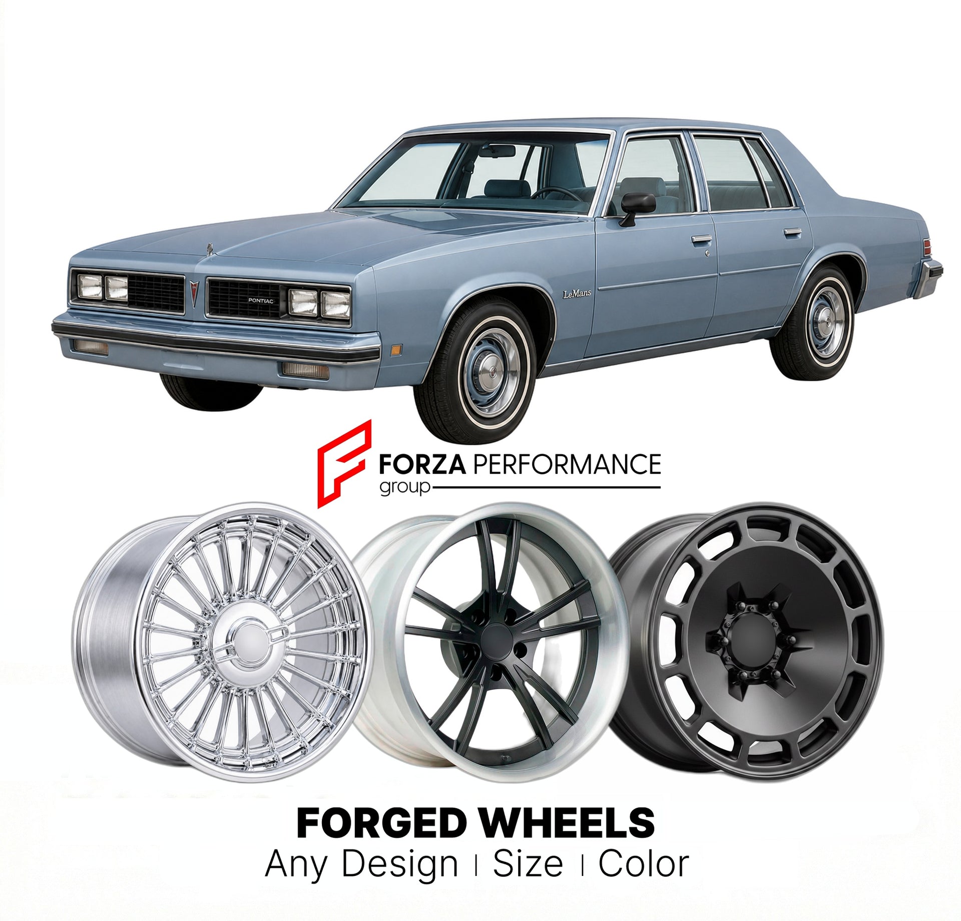 CUSTOM CLASSIC VINTAGE RESTOMOD RETRO OLD SCHOOL FORGED WHEELS RIMS for PONTIAC LEMANS 1978 - 1981
Custom forged wheels for classic American muscle cars. Ideal for restomod builds, vintage restorations, and show cars. Deep dish and retro styling available.

We manufacture premium quality forged wheels rims for Pontiac LeMans 1978 - 1981 in any design, size, color.

THIS WHEEL DESIGN CAN BE CUSTOM-MADE FOR YOUR CAR IN ANY SIZE AND COLOR OPTIONS
Available in monoblock, 2-piece, 3-piece, duoblock, beadlock
3D 
