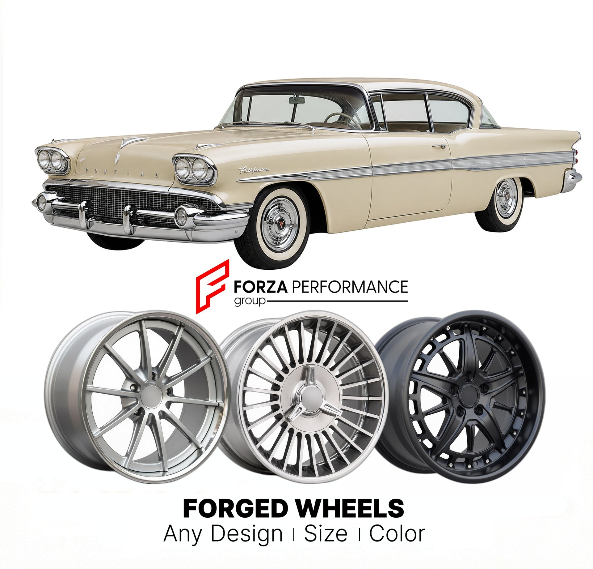 CUSTOM CLASSIC VINTAGE RESTOMOD RETRO OLD SCHOOL FORGED WHEELS RIMS for PONTIAC PATHFINDER 1958 - 1958
Custom forged wheels for classic American muscle cars. Ideal for restomod builds, vintage restorations, and show cars. Deep dish and retro styling available.

We manufacture premium quality forged wheels rims for Pontiac Pathfinder 1958 - 1958 in any design, size, color.

THIS WHEEL DESIGN CAN BE CUSTOM-MADE FOR YOUR CAR IN ANY SIZE AND COLOR OPTIONS
Available in monoblock, 2-piece, 3-piece, duoblock, bead