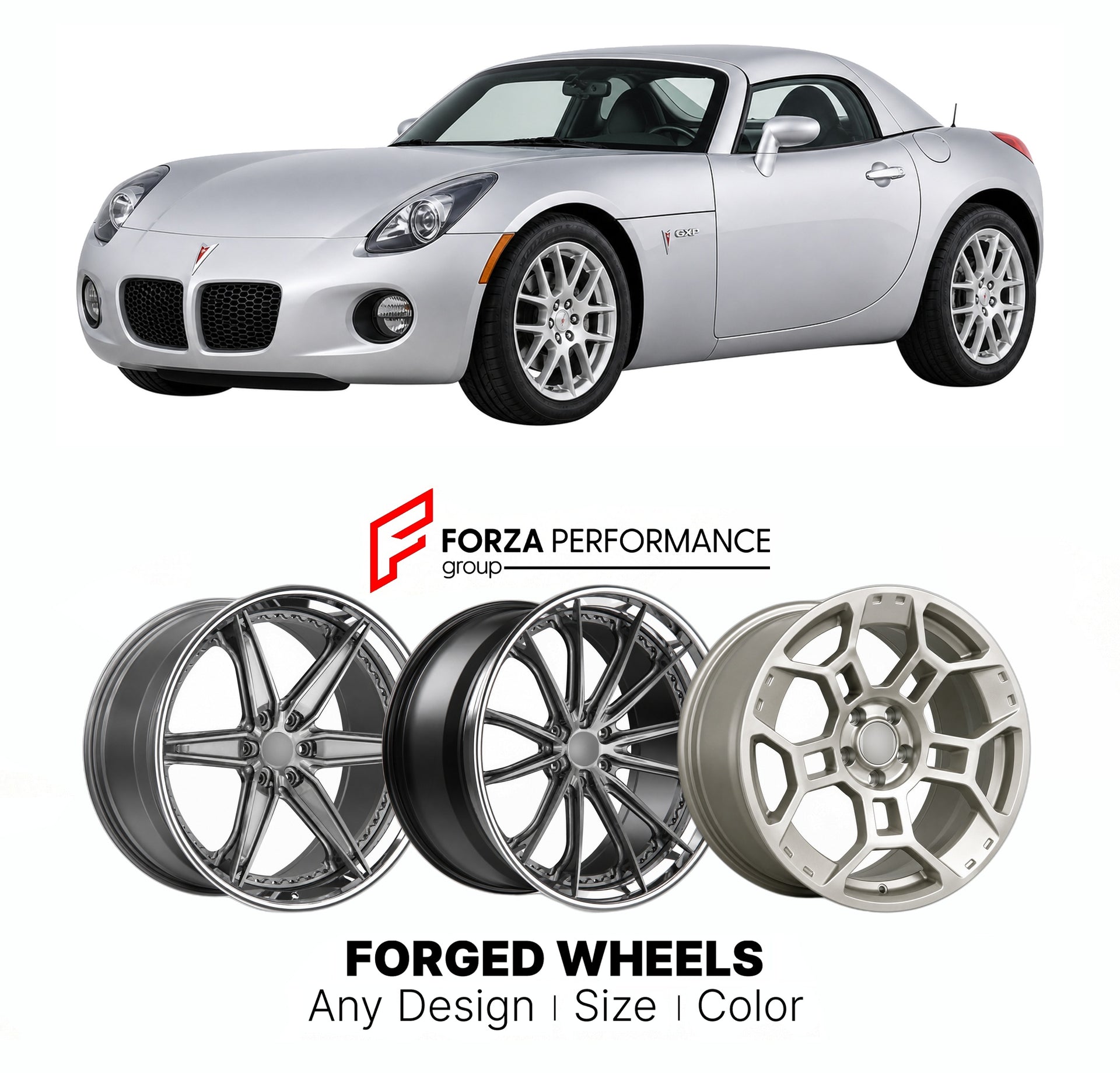FORGED WHEELS RIMS for PONTIAC SOLSTICE GXP TURBOCHARGED PERFORMANCE TRIM 2007 - 2010

Custom forged wheels for Pontiac Solstice GXP Turbocharged Performance Trim 2007 - 2010. Made-to-order monoblock, 2-piece and 3-piece rims in custom sizes, offsets, colors and finishes with guaranteed fitment.

We manufacture premium quality forged wheels rims for Pontiac Solstice GXP Turbocharged Performance Trim 2007 - 2010 in any design, size, color.

THIS WHEEL DESIGN CAN BE CUSTOM-MADE FOR YOUR CAR IN ANY SIZE AND CO
