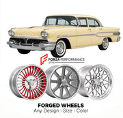 CUSTOM CLASSIC VINTAGE RESTOMOD RETRO OLD SCHOOL FORGED WHEELS RIMS for PONTIAC STAR CHIEF 1958 - 1966
Custom forged wheels for classic American muscle cars. Ideal for restomod builds, vintage restorations, and show cars. Deep dish and retro styling available.

We manufacture premium quality forged wheels rims for Pontiac Star Chief 1958 - 1966 in any design, size, color.

THIS WHEEL DESIGN CAN BE CUSTOM-MADE FOR YOUR CAR IN ANY SIZE AND COLOR OPTIONS
Available in monoblock, 2-piece, 3-piece, duoblock, bead