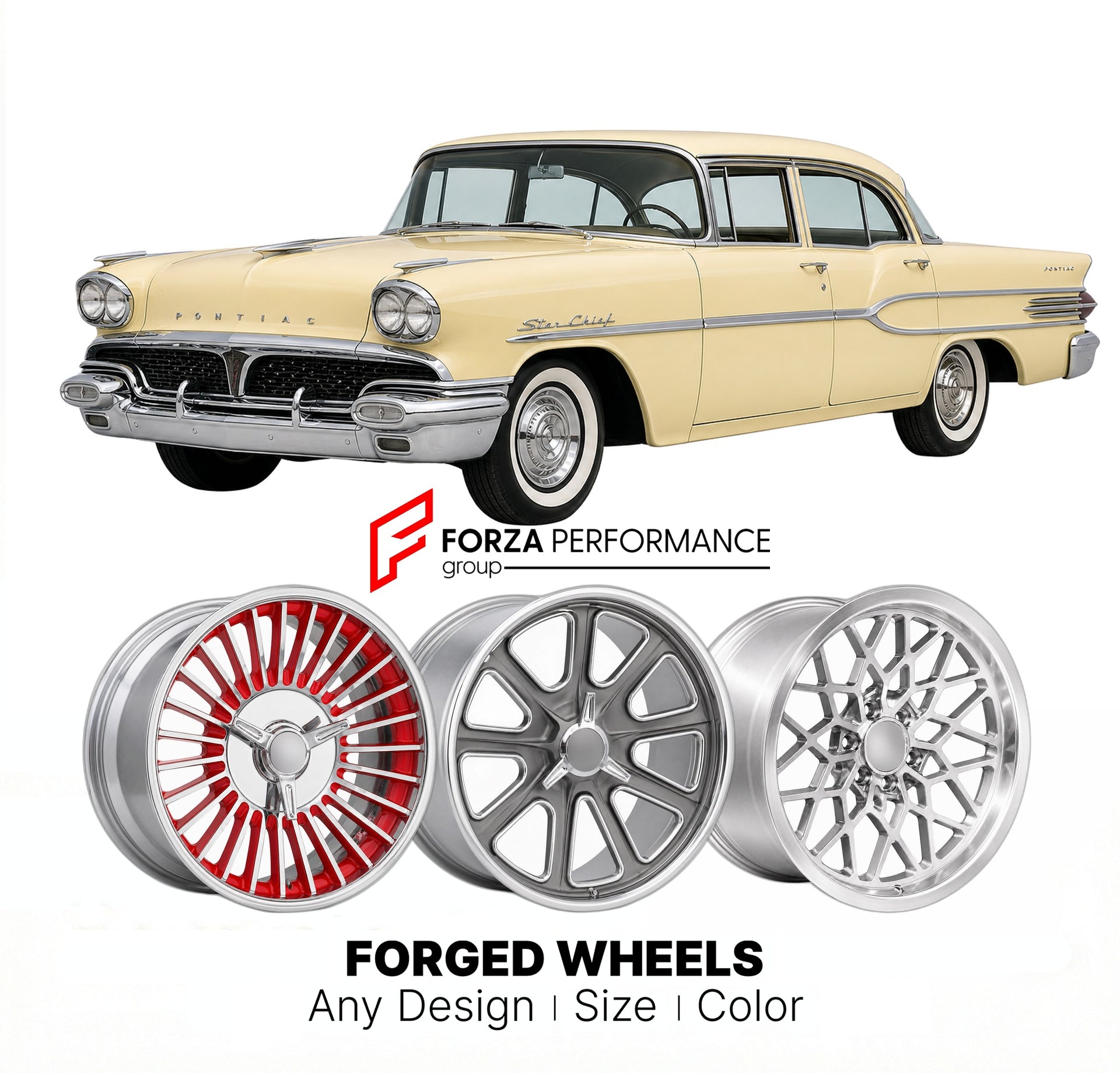 CUSTOM CLASSIC VINTAGE RESTOMOD RETRO OLD SCHOOL FORGED WHEELS RIMS for PONTIAC STAR CHIEF 1958 - 1966
Custom forged wheels for classic American muscle cars. Ideal for restomod builds, vintage restorations, and show cars. Deep dish and retro styling available.

We manufacture premium quality forged wheels rims for Pontiac Star Chief 1958 - 1966 in any design, size, color.

THIS WHEEL DESIGN CAN BE CUSTOM-MADE FOR YOUR CAR IN ANY SIZE AND COLOR OPTIONS
Available in monoblock, 2-piece, 3-piece, duoblock, bead