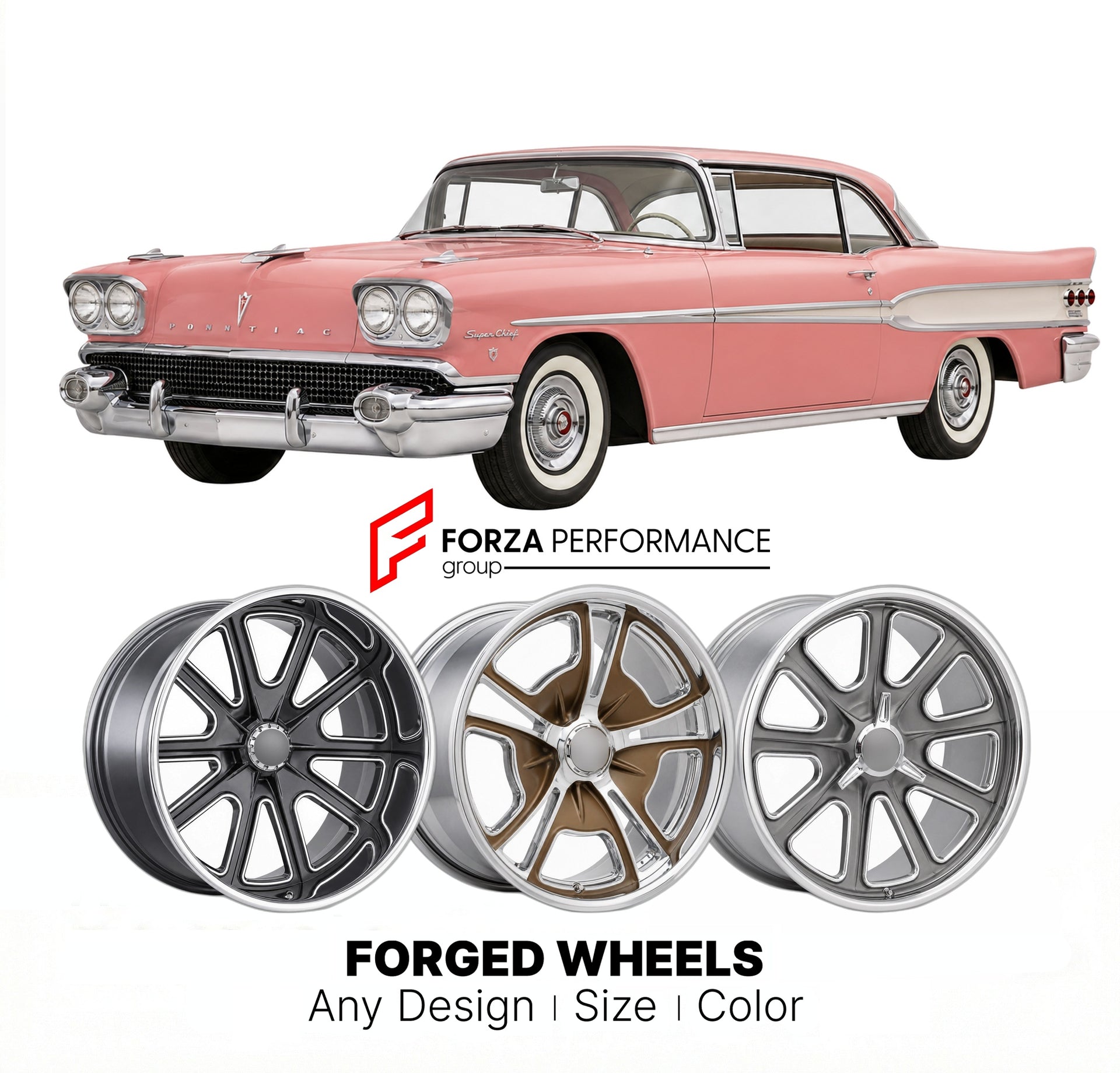CUSTOM CLASSIC VINTAGE RESTOMOD RETRO OLD SCHOOL FORGED WHEELS RIMS for PONTIAC SUPER CHIEF 1958 - 1970
Custom forged wheels for classic American muscle cars. Ideal for restomod builds, vintage restorations, and show cars. Deep dish and retro styling available.

We manufacture premium quality forged wheels rims for Pontiac Super Chief 1958 - 1970 in any design, size, color.

THIS WHEEL DESIGN CAN BE CUSTOM-MADE FOR YOUR CAR IN ANY SIZE AND COLOR OPTIONS
Available in monoblock, 2-piece, 3-piece, duoblock, be