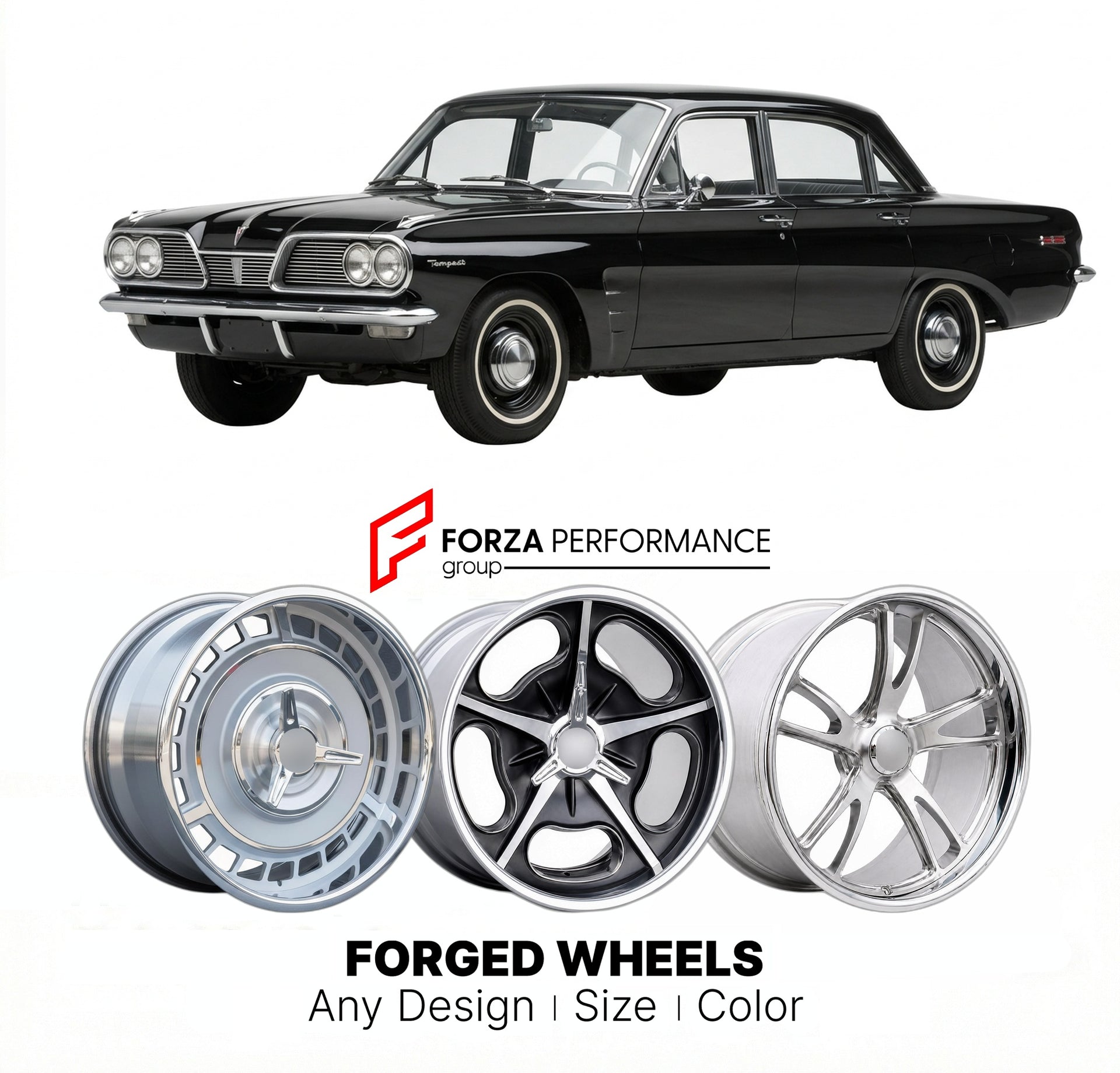 CUSTOM CLASSIC VINTAGE RESTOMOD RETRO OLD SCHOOL FORGED WHEELS RIMS for PONTIAC TEMPEST 1961 - 1963
Custom forged wheels for classic American muscle cars. Ideal for restomod builds, vintage restorations, and show cars. Deep dish and retro styling available.

We manufacture premium quality forged wheels rims for Pontiac Tempest 1961 - 1963 in any design, size, color.

THIS WHEEL DESIGN CAN BE CUSTOM-MADE FOR YOUR CAR IN ANY SIZE AND COLOR OPTIONS
Available in monoblock, 2-piece, 3-piece, duoblock, beadlock
3
