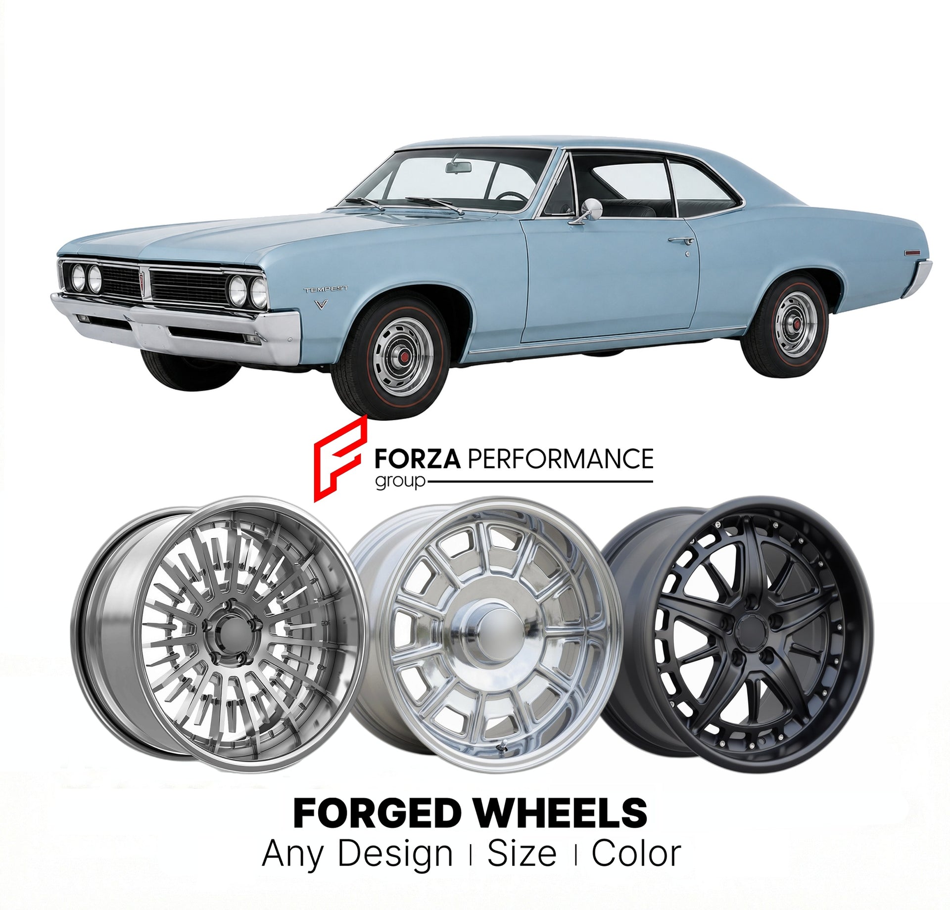 CUSTOM CLASSIC VINTAGE RESTOMOD RETRO OLD SCHOOL FORGED WHEELS RIMS for PONTIAC TEMPEST 1968 - 1970
Custom forged wheels for classic American muscle cars. Ideal for restomod builds, vintage restorations, and show cars. Deep dish and retro styling available.

We manufacture premium quality forged wheels rims for Pontiac Tempest 1968 - 1970 in any design, size, color.

THIS WHEEL DESIGN CAN BE CUSTOM-MADE FOR YOUR CAR IN ANY SIZE AND COLOR OPTIONS
Available in monoblock, 2-piece, 3-piece, duoblock, beadlock
3