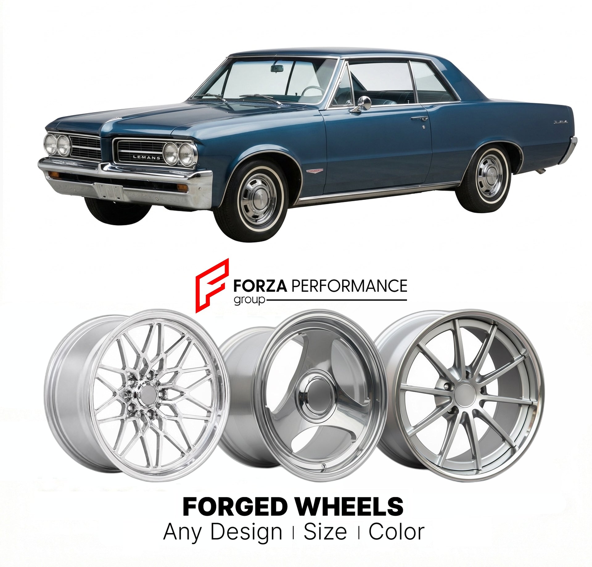 CUSTOM CLASSIC VINTAGE RESTOMOD RETRO OLD SCHOOL FORGED WHEELS RIMS for PONTIAC TEMPEST LE MANS 1964 - 1965
Custom forged wheels for classic American muscle cars. Ideal for restomod builds, vintage restorations, and show cars. Deep dish and retro styling available.

We manufacture premium quality forged wheels rims for Pontiac Tempest Le Mans 1964 - 1965 in any design, size, color.

THIS WHEEL DESIGN CAN BE CUSTOM-MADE FOR YOUR CAR IN ANY SIZE AND COLOR OPTIONS
Available in monoblock, 2-piece, 3-piece, duob