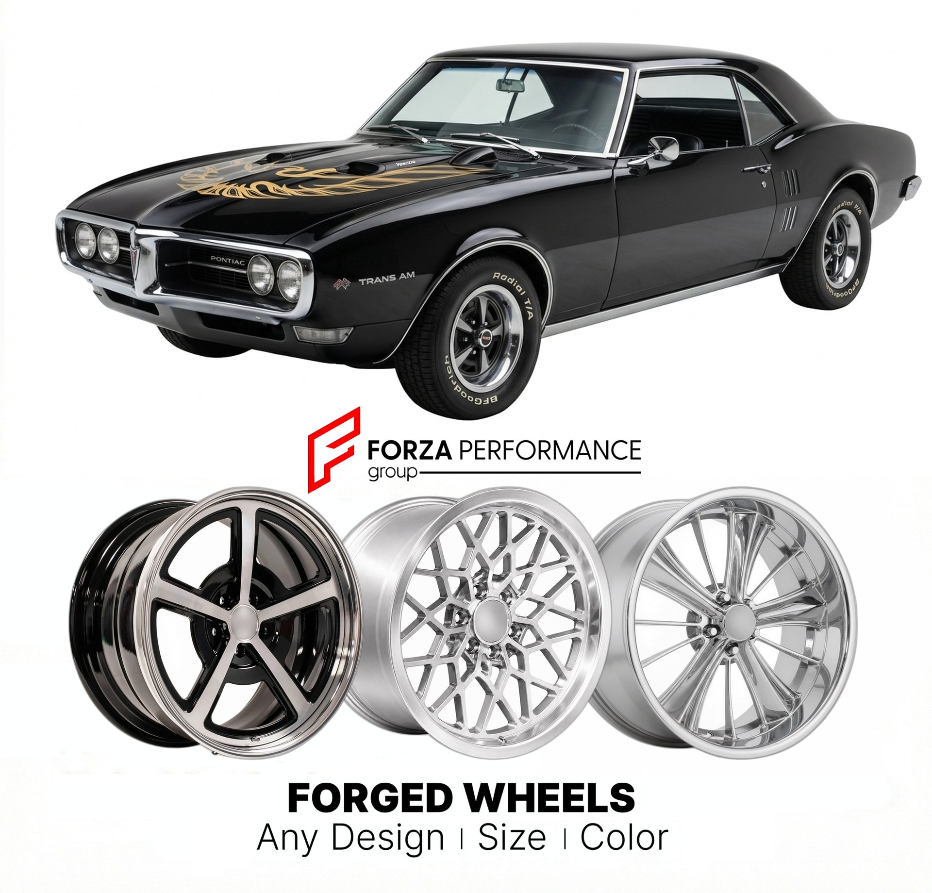 CUSTOM CLASSIC VINTAGE RESTOMOD RETRO OLD SCHOOL FORGED WHEELS RIMS for PONTIAC TRANS AM 1967 - 1969
Custom forged wheels for classic American muscle cars. Ideal for restomod builds, vintage restorations, and show cars. Deep dish and retro styling available.

We manufacture premium quality forged wheels rims for Pontiac Trans Am 1967 - 1969 in any design, size, color.

THIS WHEEL DESIGN CAN BE CUSTOM-MADE FOR YOUR CAR IN ANY SIZE AND COLOR OPTIONS
Available in monoblock, 2-piece, 3-piece, duoblock, beadlock