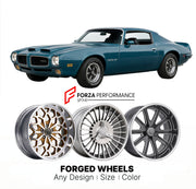 CUSTOM CLASSIC VINTAGE RESTOMOD RETRO OLD SCHOOL FORGED WHEELS RIMS for PONTIAC TRANS AM 1970 - 1979
Custom forged wheels for classic American muscle cars. Ideal for restomod builds, vintage restorations, and show cars. Deep dish and retro styling available.

We manufacture premium quality forged wheels rims for Pontiac Trans Am 1970 - 1979 in any design, size, color.

THIS WHEEL DESIGN CAN BE CUSTOM-MADE FOR YOUR CAR IN ANY SIZE AND COLOR OPTIONS
Available in monoblock, 2-piece, 3-piece, duoblock, beadlock