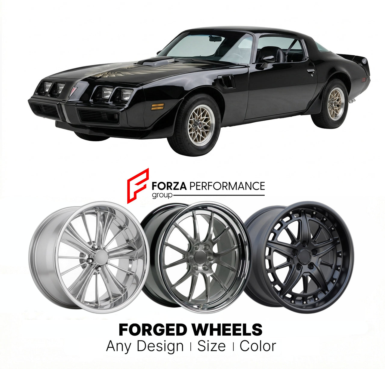 CUSTOM CLASSIC VINTAGE RESTOMOD RETRO OLD SCHOOL FORGED WHEELS RIMS for PONTIAC TRANS AM WS6 1980 - 1981
Custom forged wheels for classic American muscle cars. Ideal for restomod builds, vintage restorations, and show cars. Deep dish and retro styling available.

We manufacture premium quality forged wheels rims for Pontiac Trans Am WS6 1980 - 1981 in any design, size, color.

THIS WHEEL DESIGN CAN BE CUSTOM-MADE FOR YOUR CAR IN ANY SIZE AND COLOR OPTIONS
Available in monoblock, 2-piece, 3-piece, duoblock, 