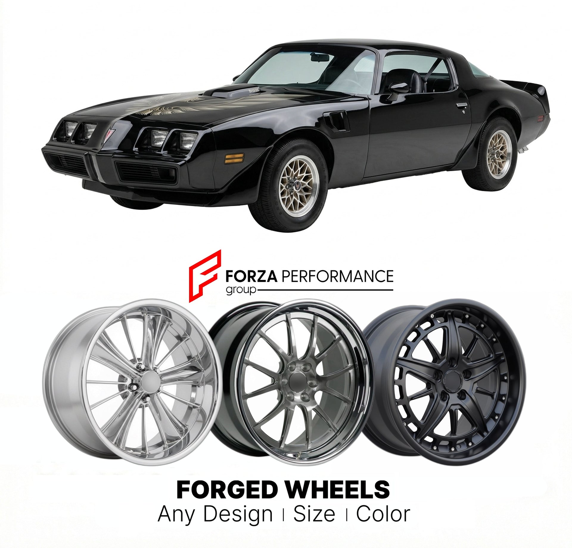 CUSTOM CLASSIC VINTAGE RESTOMOD RETRO OLD SCHOOL FORGED WHEELS RIMS for PONTIAC TRANS AM WS6 1980 - 1981
Custom forged wheels for classic American muscle cars. Ideal for restomod builds, vintage restorations, and show cars. Deep dish and retro styling available.

We manufacture premium quality forged wheels rims for Pontiac Trans Am WS6 1980 - 1981 in any design, size, color.

THIS WHEEL DESIGN CAN BE CUSTOM-MADE FOR YOUR CAR IN ANY SIZE AND COLOR OPTIONS
Available in monoblock, 2-piece, 3-piece, duoblock, 