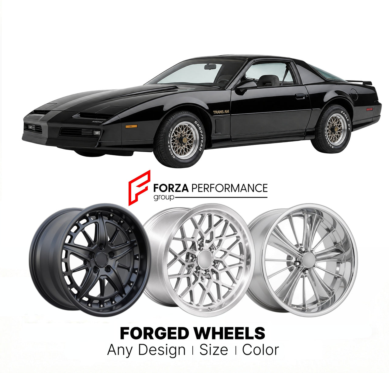 CUSTOM CLASSIC VINTAGE RESTOMOD RETRO OLD SCHOOL FORGED WHEELS RIMS for PONTIAC TRANS AM WS6 1982 - 1989
Custom forged wheels for classic American muscle cars. Ideal for restomod builds, vintage restorations, and show cars. Deep dish and retro styling available.

We manufacture premium quality forged wheels rims for Pontiac Trans Am WS6 1982 - 1989 in any design, size, color.

THIS WHEEL DESIGN CAN BE CUSTOM-MADE FOR YOUR CAR IN ANY SIZE AND COLOR OPTIONS
Available in monoblock, 2-piece, 3-piece, duoblock, 