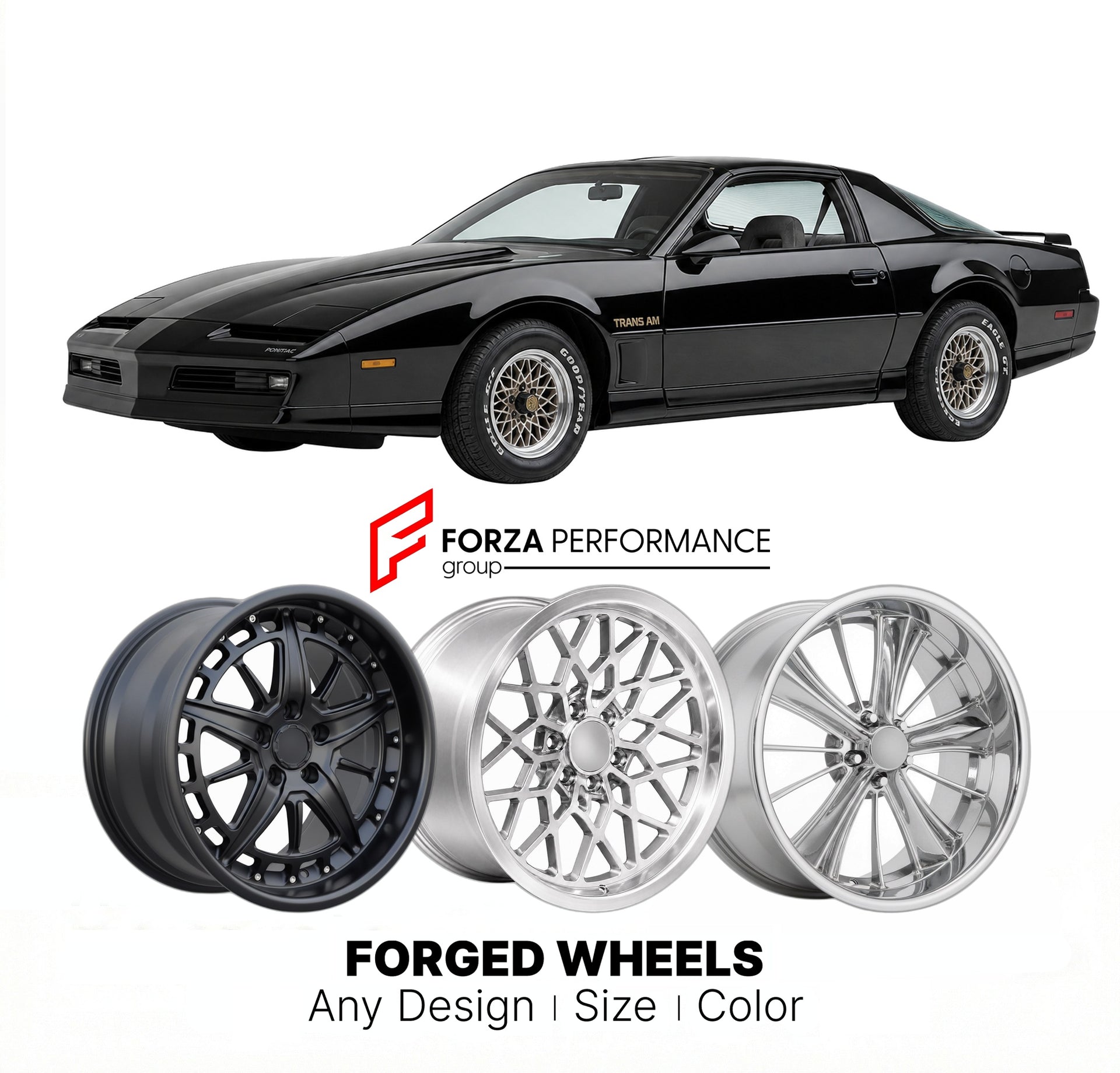 CUSTOM CLASSIC VINTAGE RESTOMOD RETRO OLD SCHOOL FORGED WHEELS RIMS for PONTIAC TRANS AM WS6 1982 - 1989
Custom forged wheels for classic American muscle cars. Ideal for restomod builds, vintage restorations, and show cars. Deep dish and retro styling available.

We manufacture premium quality forged wheels rims for Pontiac Trans Am WS6 1982 - 1989 in any design, size, color.

THIS WHEEL DESIGN CAN BE CUSTOM-MADE FOR YOUR CAR IN ANY SIZE AND COLOR OPTIONS
Available in monoblock, 2-piece, 3-piece, duoblock, 