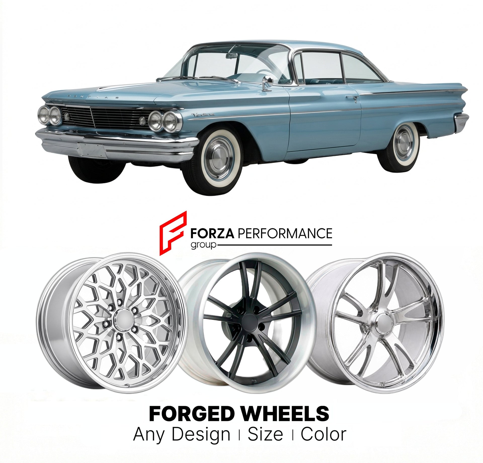 CUSTOM CLASSIC VINTAGE RESTOMOD RETRO OLD SCHOOL FORGED WHEELS RIMS for PONTIAC VENTURA 1960 - 1977
Custom forged wheels for classic American muscle cars. Ideal for restomod builds, vintage restorations, and show cars. Deep dish and retro styling available.

We manufacture premium quality forged wheels rims for Pontiac Ventura 1960 - 1977 in any design, size, color.

THIS WHEEL DESIGN CAN BE CUSTOM-MADE FOR YOUR CAR IN ANY SIZE AND COLOR OPTIONS
Available in monoblock, 2-piece, 3-piece, duoblock, beadlock
3