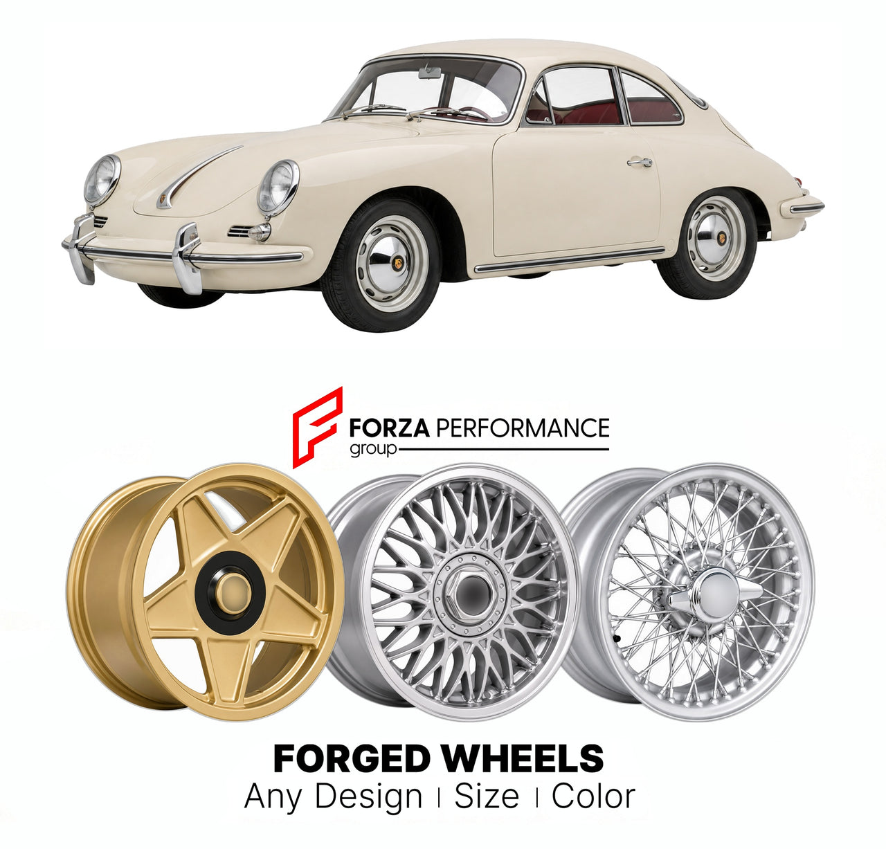 CUSTOM CLASSIC VINTAGE RESTOMOD RETRO OLD SCHOOL FORGED WHEELS RIMS for PORSCHE 356 B 1960 - 1963

Custom forged wheels for Porsche 356 B 1960 - 1963. Classic, vintage, restomod wheel designs made to order in custom sizes, offsets, colors and finishes.

We manufacture premium quality forged wheels rims for Porsche 356 B 1960 - 1963 in any design, size, color.

THIS WHEEL DESIGN CAN BE CUSTOM-MADE FOR YOUR CAR IN ANY SIZE AND COLOR OPTIONS
Available in monoblock, 2-piece, 3-piece, duoblock, beadlock
3D wheel