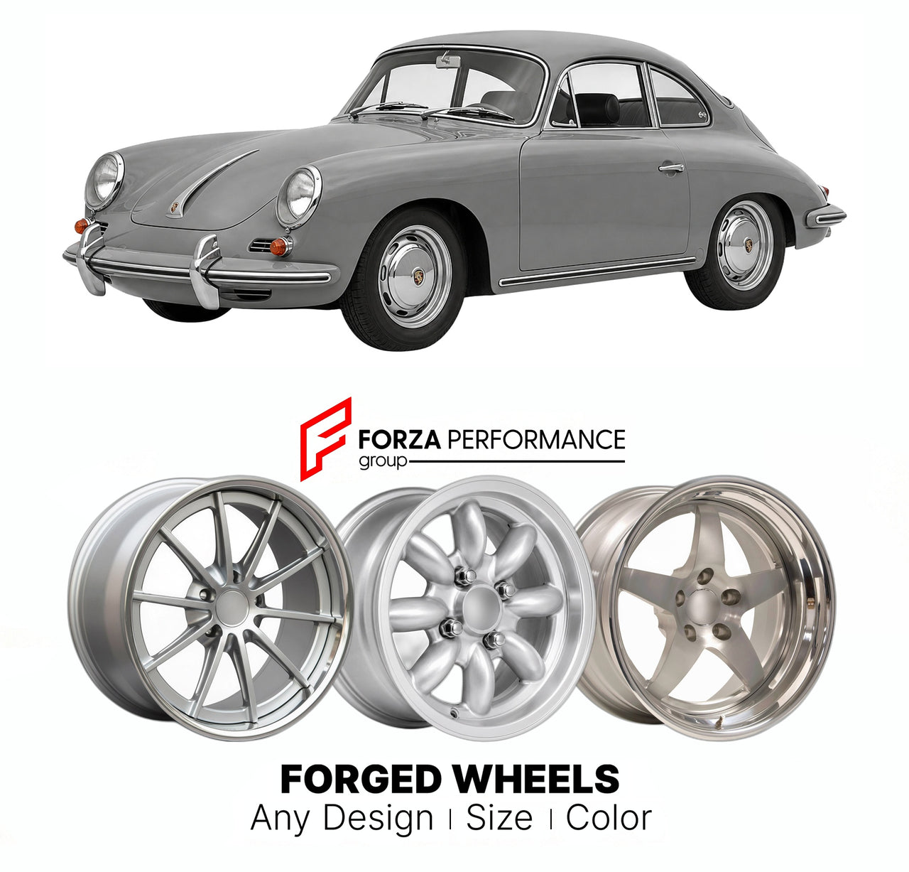 CUSTOM CLASSIC VINTAGE RESTOMOD RETRO OLD SCHOOL FORGED WHEELS RIMS for PORSCHE 356 C 1964 - 1965

Custom forged wheels for Porsche 356 C 1964 - 1965. Classic, vintage, restomod wheel designs made to order in custom sizes, offsets, colors and finishes.

We manufacture premium quality forged wheels rims for Porsche 356 C 1964 - 1965 in any design, size, color.

THIS WHEEL DESIGN CAN BE CUSTOM-MADE FOR YOUR CAR IN ANY SIZE AND COLOR OPTIONS
Available in monoblock, 2-piece, 3-piece, duoblock, beadlock
3D wheel