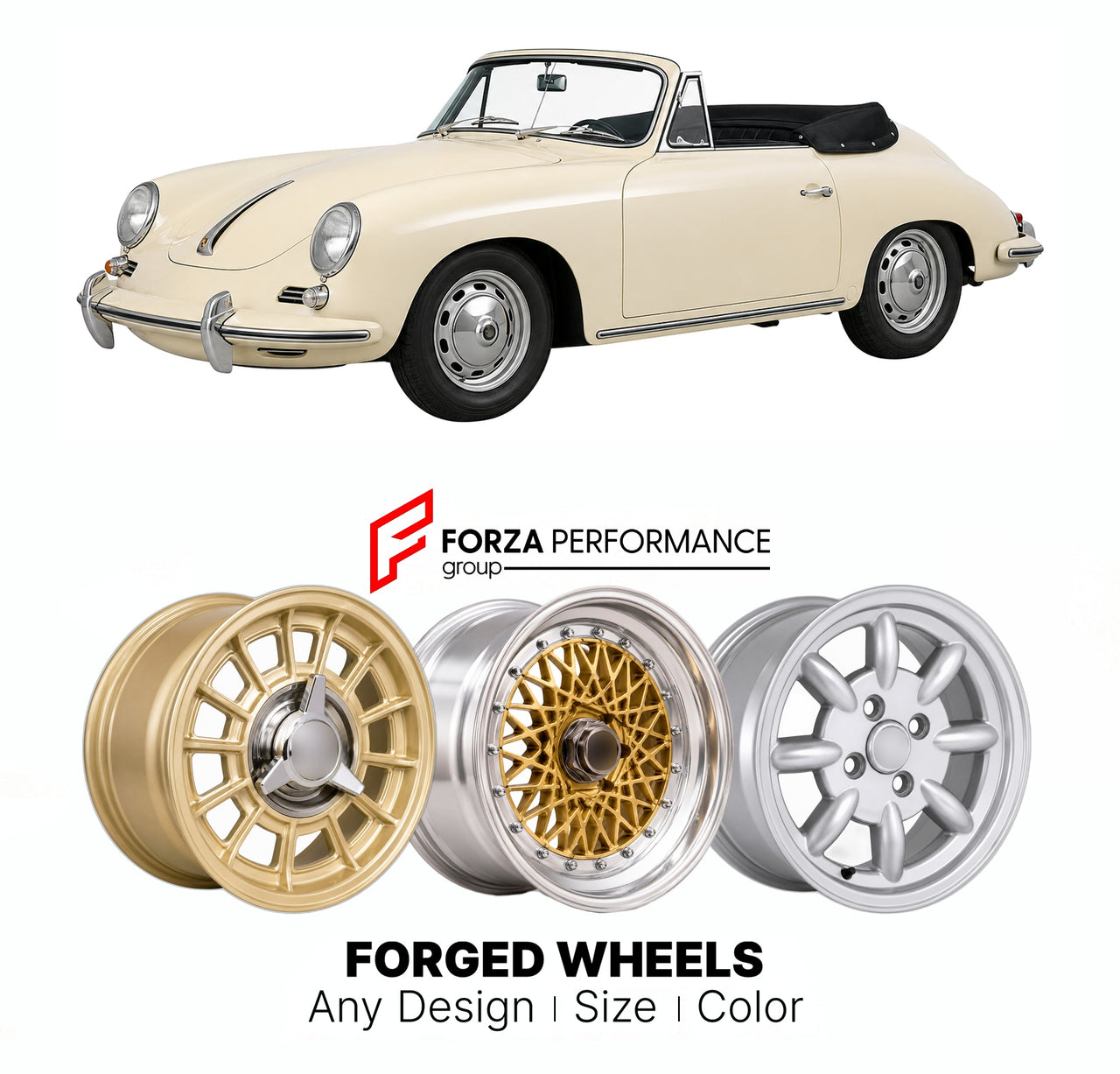 CUSTOM CLASSIC VINTAGE RESTOMOD RETRO OLD SCHOOL FORGED WHEELS RIMS for PORSCHE 356 C CABRIOLET REUTTER 1964 - 1965

Custom forged wheels for Porsche 356 C Cabriolet Reutter 1964 - 1965. Classic, vintage, restomod wheel designs made to order in custom sizes, offsets, colors and finishes.

We manufacture premium quality forged wheels rims for Porsche 356 C Cabriolet Reutter 1964 - 1965 in any design, size, color.

THIS WHEEL DESIGN CAN BE CUSTOM-MADE FOR YOUR CAR IN ANY SIZE AND COLOR OPTIONS
Available in mo