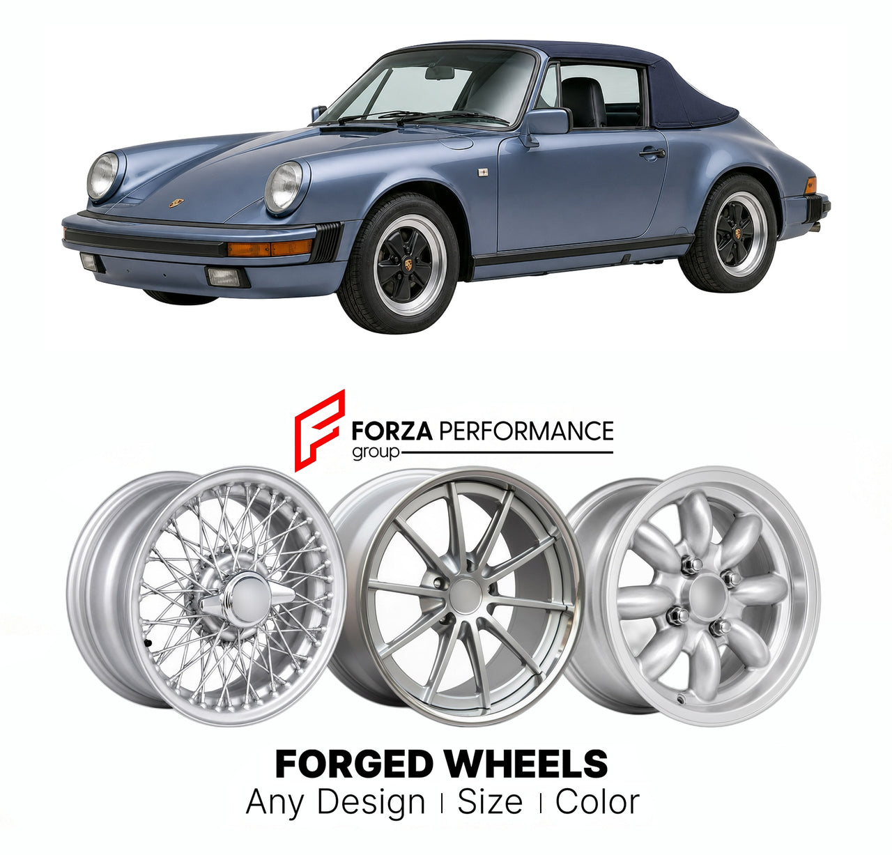 CUSTOM CLASSIC VINTAGE RESTOMOD RETRO OLD SCHOOL FORGED WHEELS RIMS for PORSCHE 911 CABRIOLET G-SERIES 1982 - 1989

Custom forged wheels for Porsche 911 Cabriolet G-Series 1982 - 1989. Classic, vintage, restomod wheel designs made to order in custom sizes, offsets, colors and finishes.

We manufacture premium quality forged wheels rims for Porsche 911 Cabriolet G-Series 1982 - 1989 in any design, size, color.

THIS WHEEL DESIGN CAN BE CUSTOM-MADE FOR YOUR CAR IN ANY SIZE AND COLOR OPTIONS
Available in monob