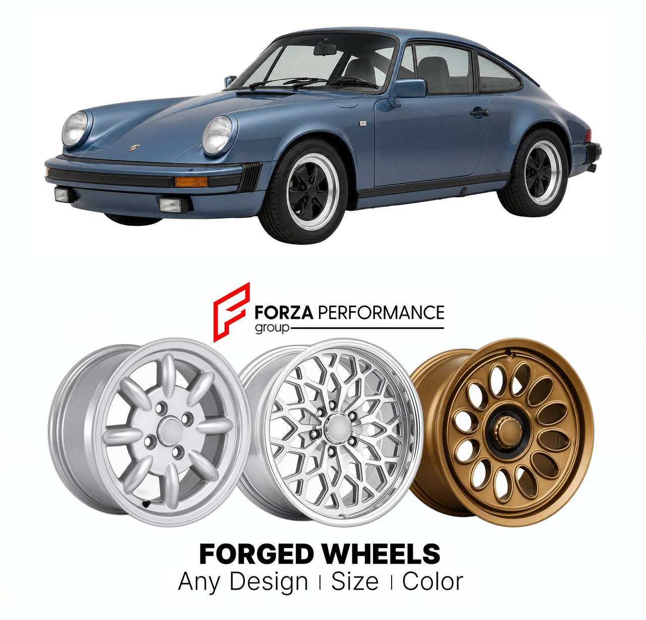 CUSTOM CLASSIC VINTAGE RESTOMOD RETRO OLD SCHOOL FORGED WHEELS RIMS for PORSCHE 911 CARR 3.2 G-SERIES 1984 - 1989

Custom forged wheels for Porsche 911 Carr 3.2 G-Series 1984 - 1989. Classic, vintage, restomod wheel designs made to order in custom sizes, offsets, colors and finishes.

We manufacture premium quality forged wheels rims for Porsche 911 Carr 3.2 G-Series 1984 - 1989 in any design, size, color.

THIS WHEEL DESIGN CAN BE CUSTOM-MADE FOR YOUR CAR IN ANY SIZE AND COLOR OPTIONS
Available in monobloc