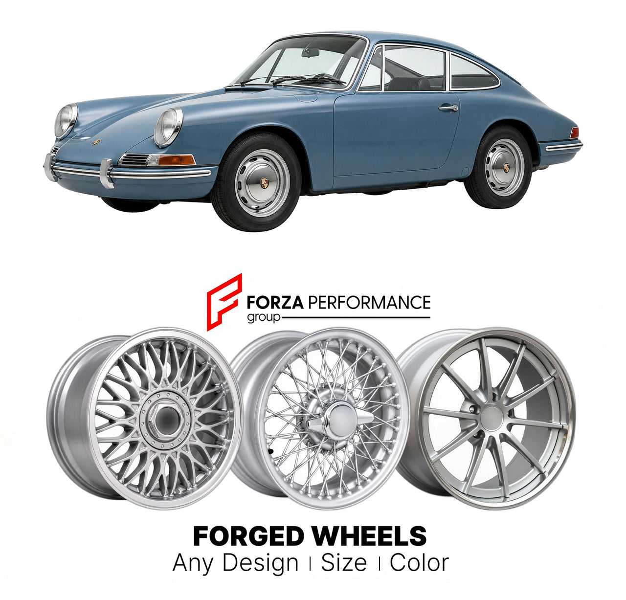 CUSTOM CLASSIC VINTAGE RESTOMOD RETRO OLD SCHOOL FORGED WHEELS RIMS for PORSCHE 911 ORIGINAL F-SERIES 1964 - 1973

Custom forged wheels for Porsche 911 Original F-Series 1964 - 1973. Classic, vintage, restomod wheel designs made to order in custom sizes, offsets, colors and finishes.

We manufacture premium quality forged wheels rims for Porsche 911 Original F-Series 1964 - 1973 in any design, size, color.

THIS WHEEL DESIGN CAN BE CUSTOM-MADE FOR YOUR CAR IN ANY SIZE AND COLOR OPTIONS
Available in monobloc
