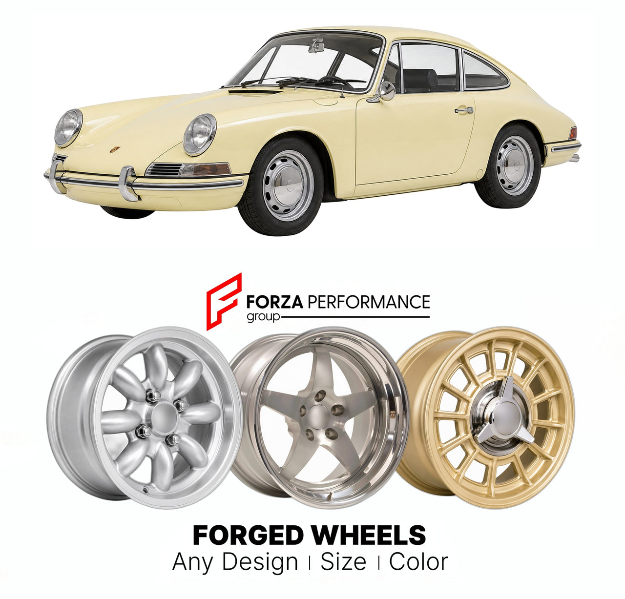 CUSTOM CLASSIC VINTAGE RESTOMOD RETRO OLD SCHOOL FORGED WHEELS RIMS for PORSCHE 911 SWB 1964 - 1968

Custom forged wheels for Porsche 911 SWB 1964 - 1968. Classic, vintage, restomod wheel designs made to order in custom sizes, offsets, colors and finishes.

We manufacture premium quality forged wheels rims for Porsche 911 SWB 1964 - 1968 in any design, size, color.

THIS WHEEL DESIGN CAN BE CUSTOM-MADE FOR YOUR CAR IN ANY SIZE AND COLOR OPTIONS
Available in monoblock, 2-piece, 3-piece, duoblock, beadlock
3D