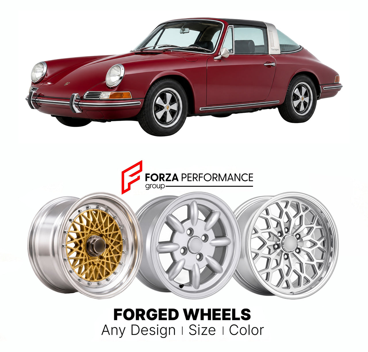 CUSTOM CLASSIC VINTAGE RESTOMOD RETRO OLD SCHOOL FORGED WHEELS RIMS for PORSCHE 911 T TARGA 1967 - 1973

Custom forged wheels for Porsche 911 T Targa 1967 - 1973. Classic, vintage, restomod wheel designs made to order in custom sizes, offsets, colors and finishes.

We manufacture premium quality forged wheels rims for Porsche 911 T Targa 1967 - 1973 in any design, size, color.

THIS WHEEL DESIGN CAN BE CUSTOM-MADE FOR YOUR CAR IN ANY SIZE AND COLOR OPTIONS
Available in monoblock, 2-piece, 3-piece, duoblock,