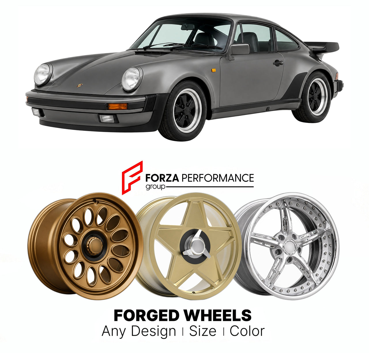 CUSTOM CLASSIC VINTAGE RESTOMOD RETRO OLD SCHOOL FORGED WHEELS RIMS for PORSCHE 911 TURBO 3.3 930 1978 - 1989

Custom forged wheels for Porsche 911 Turbo 3.3 930 1978 - 1989. Classic, vintage, restomod wheel designs made to order in custom sizes, offsets, colors and finishes.

We manufacture premium quality forged wheels rims for Porsche 911 Turbo 3.3 930 1978 - 1989 in any design, size, color.

THIS WHEEL DESIGN CAN BE CUSTOM-MADE FOR YOUR CAR IN ANY SIZE AND COLOR OPTIONS
Available in monoblock, 2-piece, 