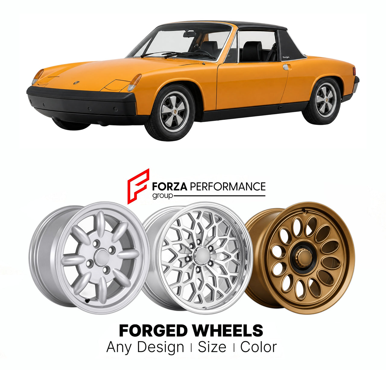 CUSTOM CLASSIC VINTAGE RESTOMOD RETRO OLD SCHOOL FORGED WHEELS RIMS for PORSCHE 914 1969 - 1976

Custom forged wheels for Porsche 914 1969 - 1976. Classic, vintage, restomod wheel designs made to order in custom sizes, offsets, colors and finishes.

We manufacture premium quality forged wheels rims for Porsche 914 1969 - 1976 in any design, size, color.

THIS WHEEL DESIGN CAN BE CUSTOM-MADE FOR YOUR CAR IN ANY SIZE AND COLOR OPTIONS
Available in monoblock, 2-piece, 3-piece, duoblock, beadlock
3D wheel rende