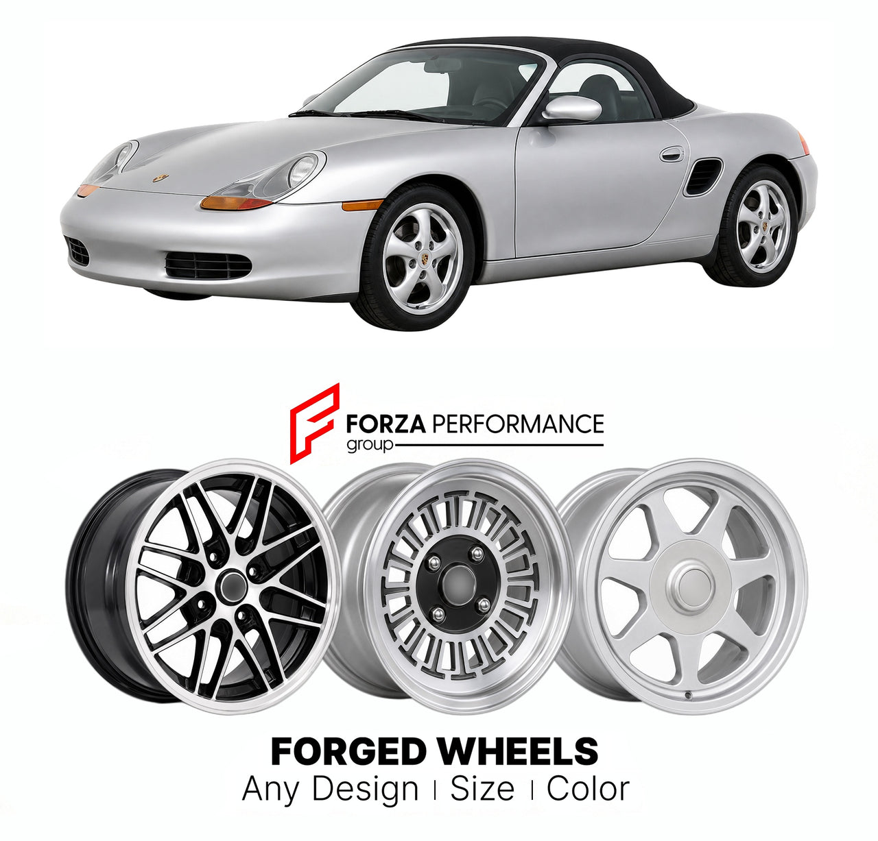 CUSTOM CLASSIC VINTAGE RESTOMOD RETRO OLD SCHOOL FORGED WHEELS RIMS for PORSCHE BOXSTER 986 1996 - 2004

Custom forged wheels for Porsche Boxster 986 1996 - 2004. Classic, vintage, restomod wheel designs made to order in custom sizes, offsets, colors and finishes.

We manufacture premium quality forged wheels rims for Porsche Boxster 986 1996 - 2004 in any design, size, color.

THIS WHEEL DESIGN CAN BE CUSTOM-MADE FOR YOUR CAR IN ANY SIZE AND COLOR OPTIONS
Available in monoblock, 2-piece, 3-piece, duoblock,