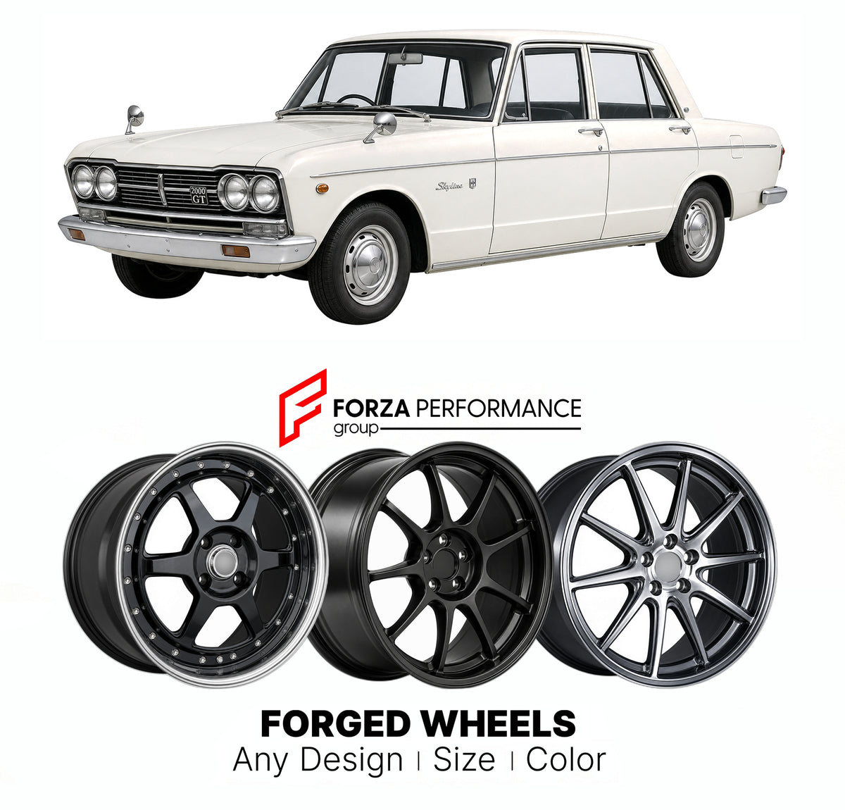CUSTOM CLASSIC VINTAGE RESTOMOD RETRO OLD SCHOOL FORGED WHEELS RIMS for PRINCE SKYLINE S50 S54 1963 - 1968

Custom forged wheels for Prince Skyline S50 S54 1963 - 1968. Classic, vintage, restomod and retro JDM wheel designs made to order in custom sizes, offsets, colors and finishes with guaranteed fitment.

We manufacture premium quality forged wheels rims for Prince Skyline S50 S54 1963 - 1968 in any design, size, color.

JDM WHEEL DESIGNS: our Japanese collection for sports cars and coupes includes desig