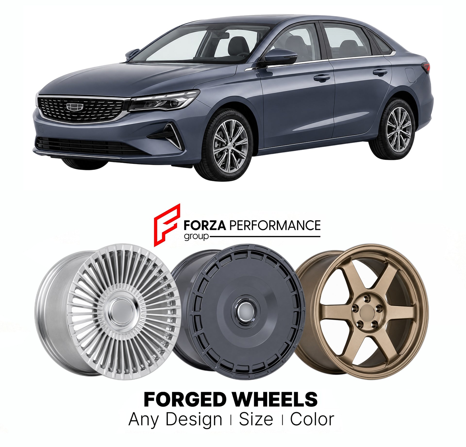 Custom forged wheels for Proton Geely S70 Emgrand Twin 2023+. Made-to-order monoblock, 2-piece and 3-piece wheels in custom sizes, offsets, colors and finishes with guaranteed vehicle fitment.

We manufacture premium quality forged wheels rims for Proton Geely S70 Emgrand Twin 2023+ in any design, size, color.

THIS WHEEL DESIGN CAN BE CUSTOM-MADE FOR YOUR CAR IN ANY SIZE AND COLOR OPTIONS
Available in monoblock, 2-piece, 3-piece, duoblock, beadlock
3D wheel renderings are provided according to the exact di