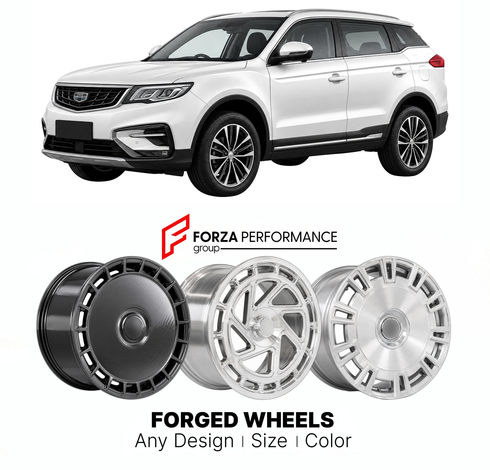 Custom forged wheels for Proton Geely X70 Boyue Twin 2018+. Made-to-order monoblock, 2-piece and 3-piece wheels in custom sizes, offsets, colors and finishes with guaranteed vehicle fitment.

We manufacture premium quality forged wheels rims for Proton Geely X70 Boyue Twin 2018+ in any design, size, color.

THIS WHEEL DESIGN CAN BE CUSTOM-MADE FOR YOUR CAR IN ANY SIZE AND COLOR OPTIONS
Available in monoblock, 2-piece, 3-piece, duoblock, beadlock
3D wheel renderings are provided according to the exact dimens