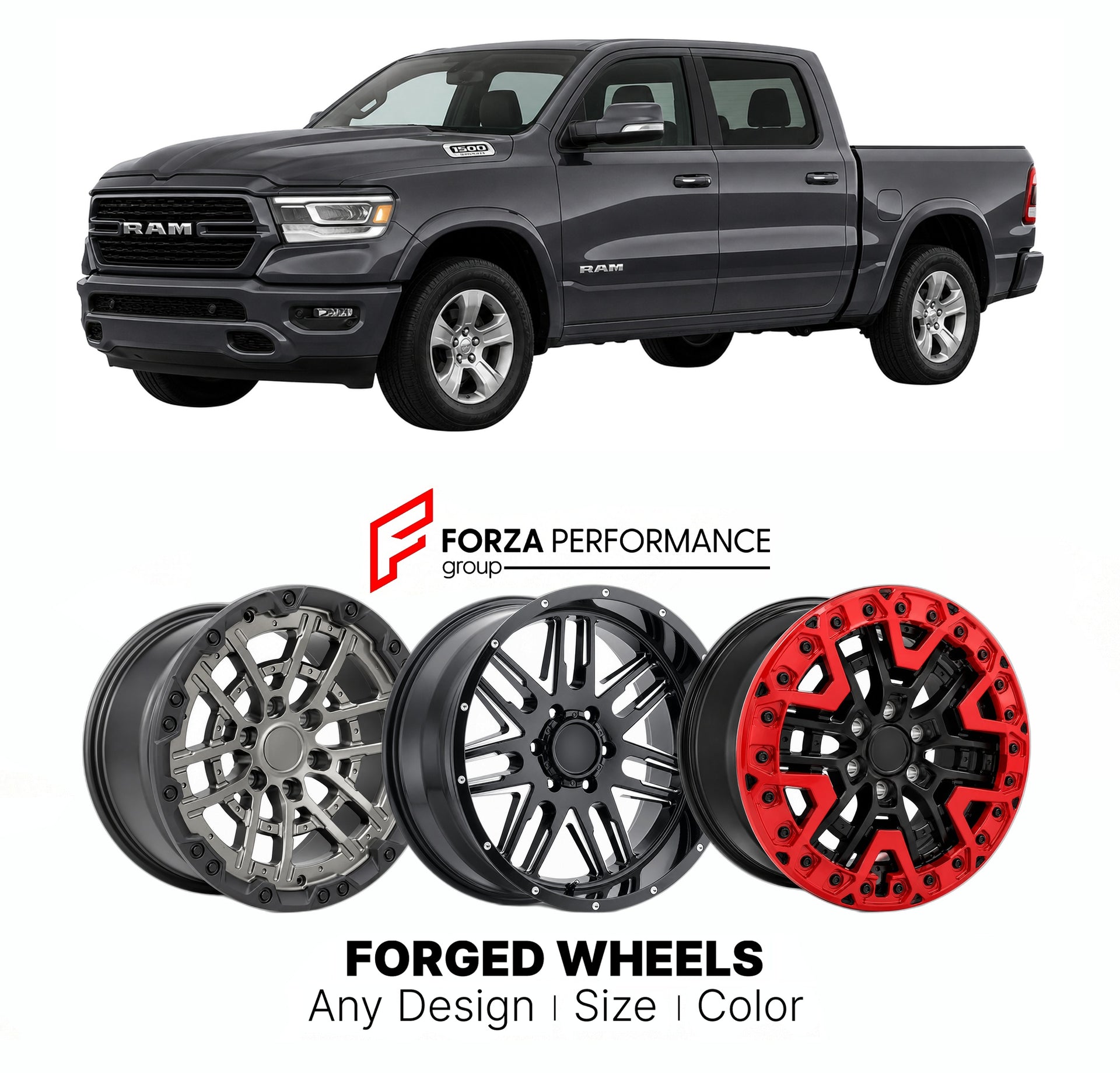 FORGED WHEELS RIMS for RAM 1500 DT 2019+

Custom forged wheels for Ram 1500 DT 2019+. Made-to-order monoblock, 2-piece and 3-piece rims in custom sizes, offsets, colors and finishes with guaranteed fitment.

We manufacture premium quality forged wheels rims for Ram 1500 DT 2019+ in any design, size, color.

THIS WHEEL DESIGN CAN BE CUSTOM-MADE FOR YOUR CAR IN ANY SIZE AND COLOR OPTIONS
Available in monoblock, 2-piece, 3-piece, duoblock, beadlock
3D wheel renderings are provided according to the exact dimens