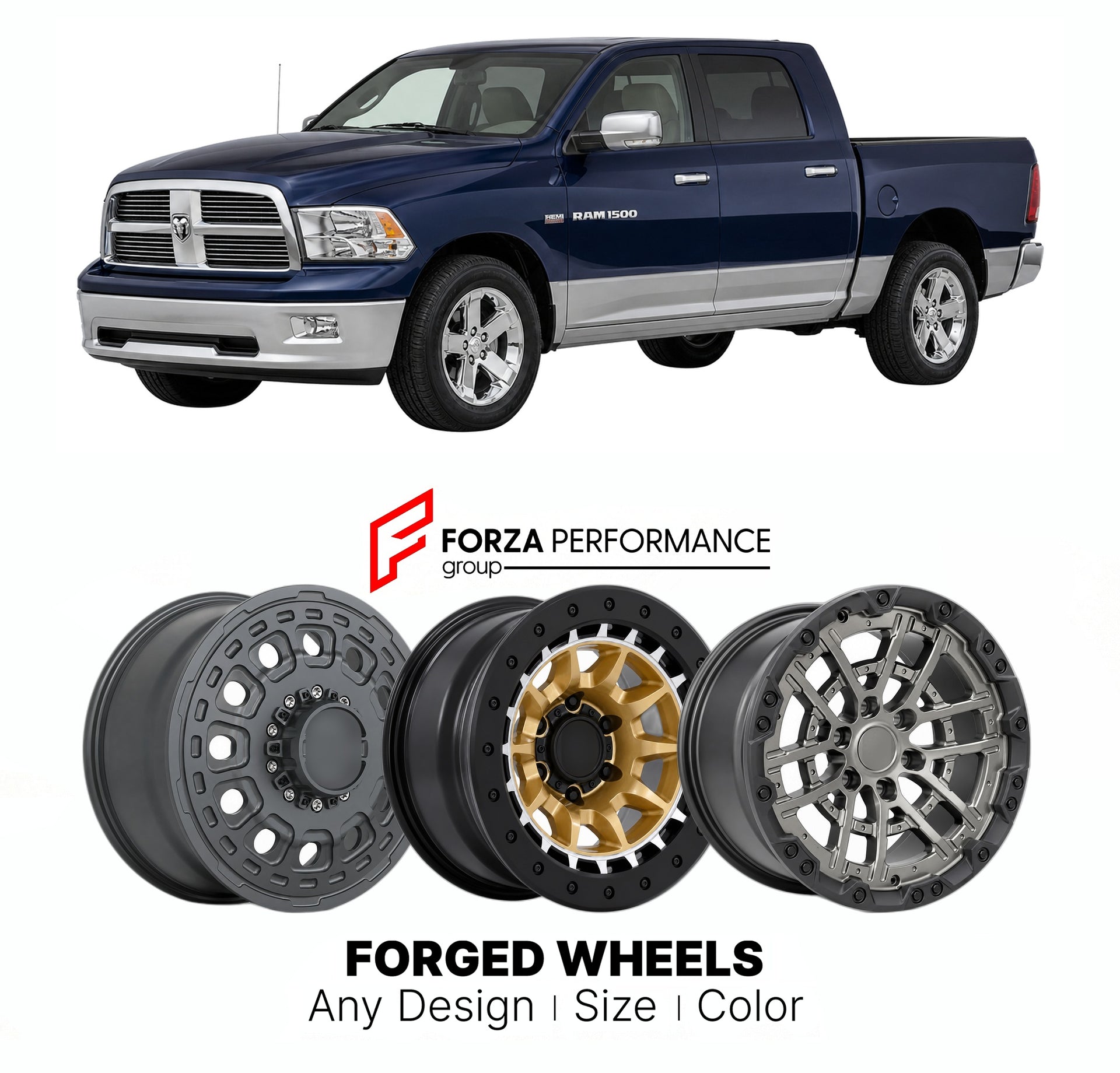 FORGED WHEELS RIMS for RAM 1500 LARAMIE 2009 - 2018

Custom forged wheels for Ram 1500 Laramie 2009 - 2018. Made-to-order monoblock, 2-piece and 3-piece rims in custom sizes, offsets, colors and finishes with guaranteed fitment.

We manufacture premium quality forged wheels rims for Ram 1500 Laramie 2009 - 2018 in any design, size, color.

THIS WHEEL DESIGN CAN BE CUSTOM-MADE FOR YOUR CAR IN ANY SIZE AND COLOR OPTIONS
Available in monoblock, 2-piece, 3-piece, duoblock, beadlock
3D wheel renderings are provi