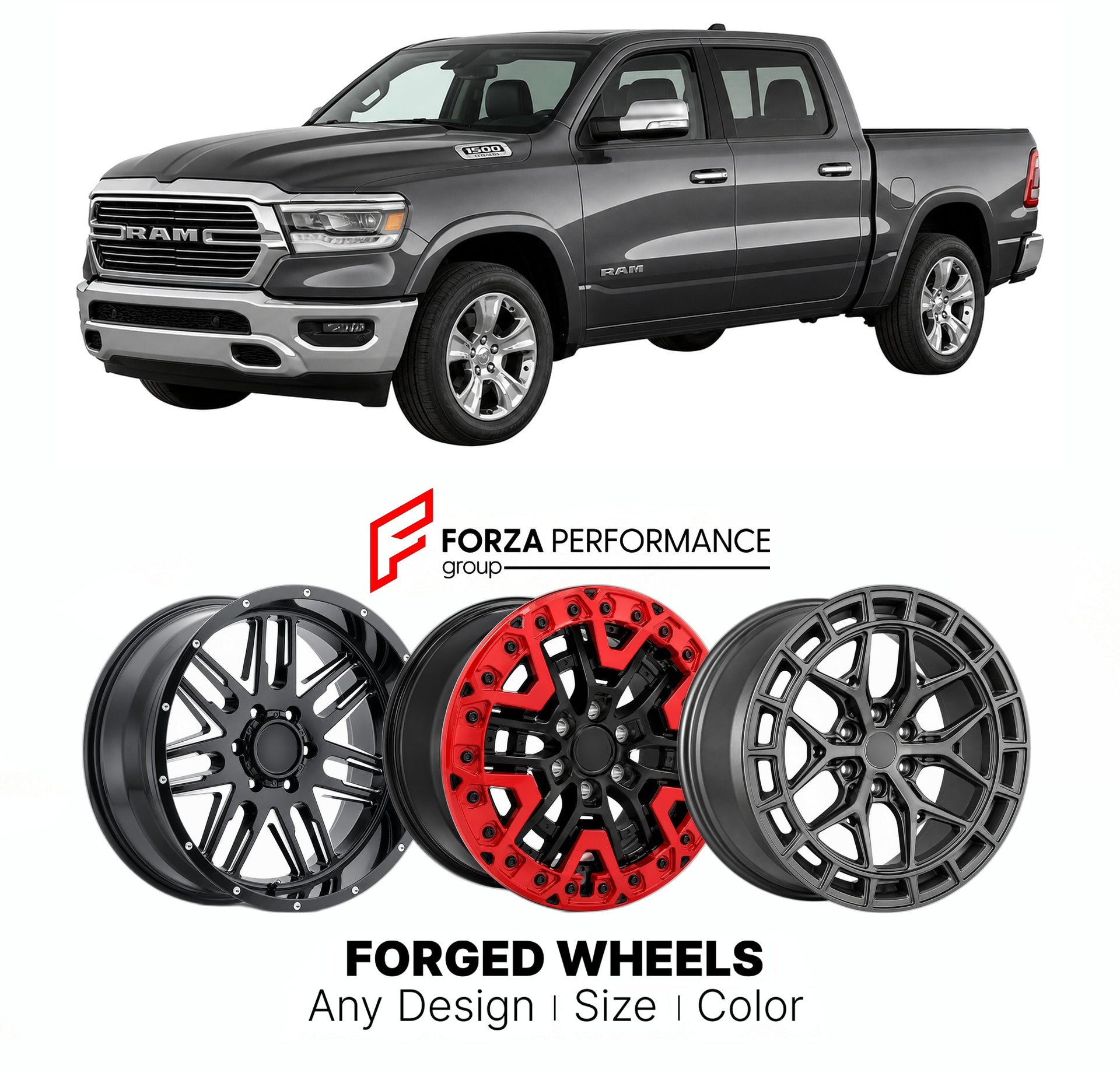 FORGED WHEELS RIMS for RAM 1500 LARAMIE 2019+

Custom forged wheels for Ram 1500 Laramie 2019+. Made-to-order monoblock, 2-piece and 3-piece rims in custom sizes, offsets, colors and finishes with guaranteed fitment.

We manufacture premium quality forged wheels rims for Ram 1500 Laramie 2019+ in any design, size, color.

THIS WHEEL DESIGN CAN BE CUSTOM-MADE FOR YOUR CAR IN ANY SIZE AND COLOR OPTIONS
Available in monoblock, 2-piece, 3-piece, duoblock, beadlock
3D wheel renderings are provided according to t