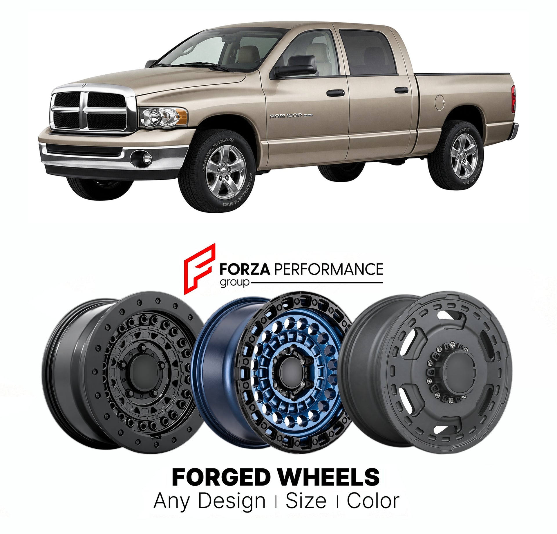 FORGED WHEELS RIMS for RAM 1500 LARAMIE DODGE 2002 - 2008

Custom forged wheels for Ram 1500 Laramie Dodge 2002 - 2008. Made-to-order monoblock, 2-piece and 3-piece rims in custom sizes, offsets, colors and finishes with guaranteed fitment.

We manufacture premium quality forged wheels rims for Ram 1500 Laramie Dodge 2002 - 2008 in any design, size, color.

THIS WHEEL DESIGN CAN BE CUSTOM-MADE FOR YOUR CAR IN ANY SIZE AND COLOR OPTIONS
Available in monoblock, 2-piece, 3-piece, duoblock, beadlock
3D wheel re