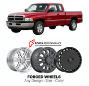FORGED WHEELS RIMS for RAM 1500 LARAMIE SLT DODGE 1994 - 2001

Custom forged wheels for Ram 1500 Laramie SLT Dodge 1994 - 2001. Made-to-order monoblock, 2-piece and 3-piece rims in custom sizes, offsets, colors and finishes with guaranteed fitment.

We manufacture premium quality forged wheels rims for Ram 1500 Laramie SLT Dodge 1994 - 2001 in any design, size, color.

THIS WHEEL DESIGN CAN BE CUSTOM-MADE FOR YOUR CAR IN ANY SIZE AND COLOR OPTIONS
Available in monoblock, 2-piece, 3-piece, duoblock, beadlock
