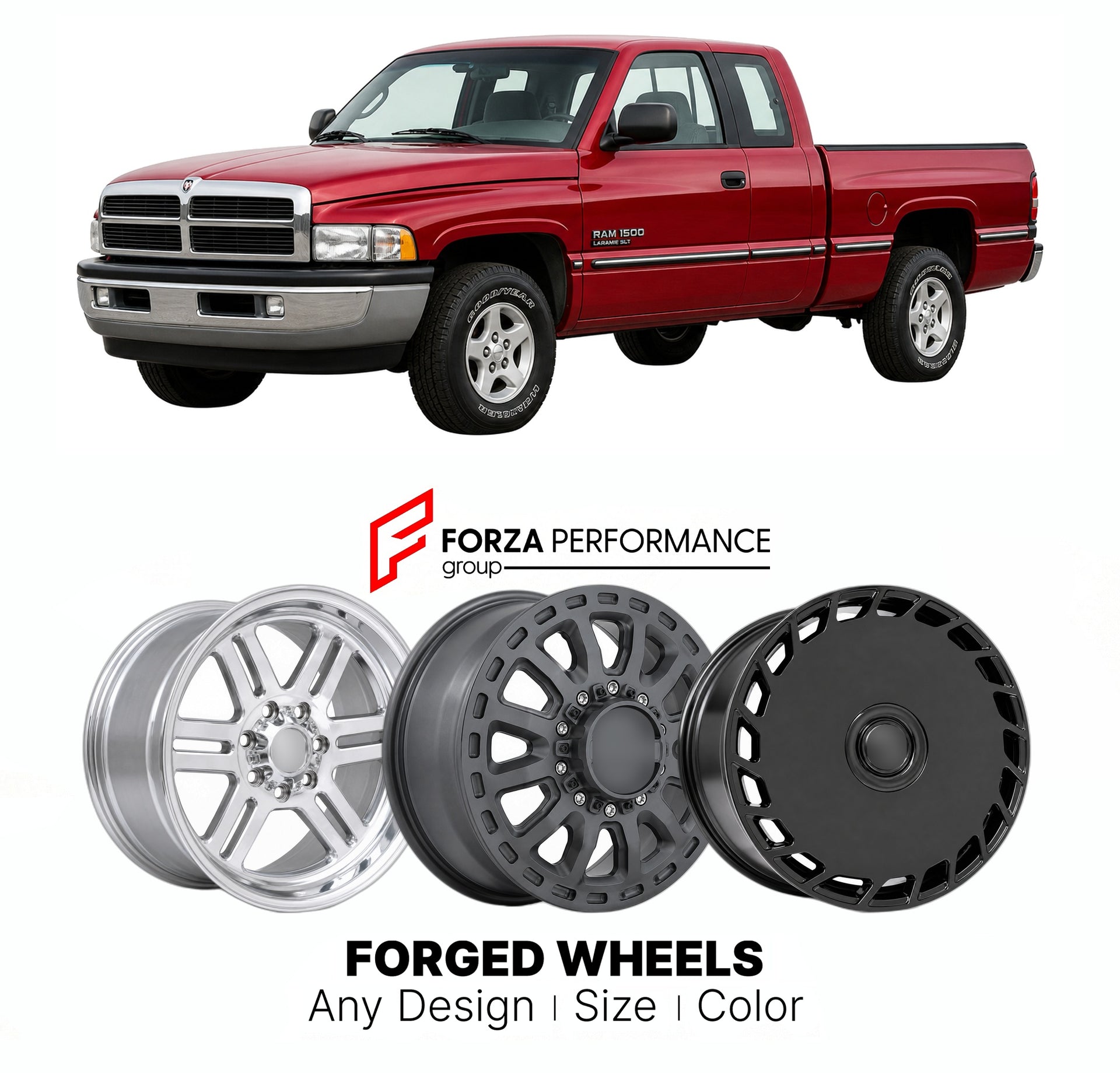 FORGED WHEELS RIMS for RAM 1500 LARAMIE SLT DODGE 1994 - 2001

Custom forged wheels for Ram 1500 Laramie SLT Dodge 1994 - 2001. Made-to-order monoblock, 2-piece and 3-piece rims in custom sizes, offsets, colors and finishes with guaranteed fitment.

We manufacture premium quality forged wheels rims for Ram 1500 Laramie SLT Dodge 1994 - 2001 in any design, size, color.

THIS WHEEL DESIGN CAN BE CUSTOM-MADE FOR YOUR CAR IN ANY SIZE AND COLOR OPTIONS
Available in monoblock, 2-piece, 3-piece, duoblock, beadlock