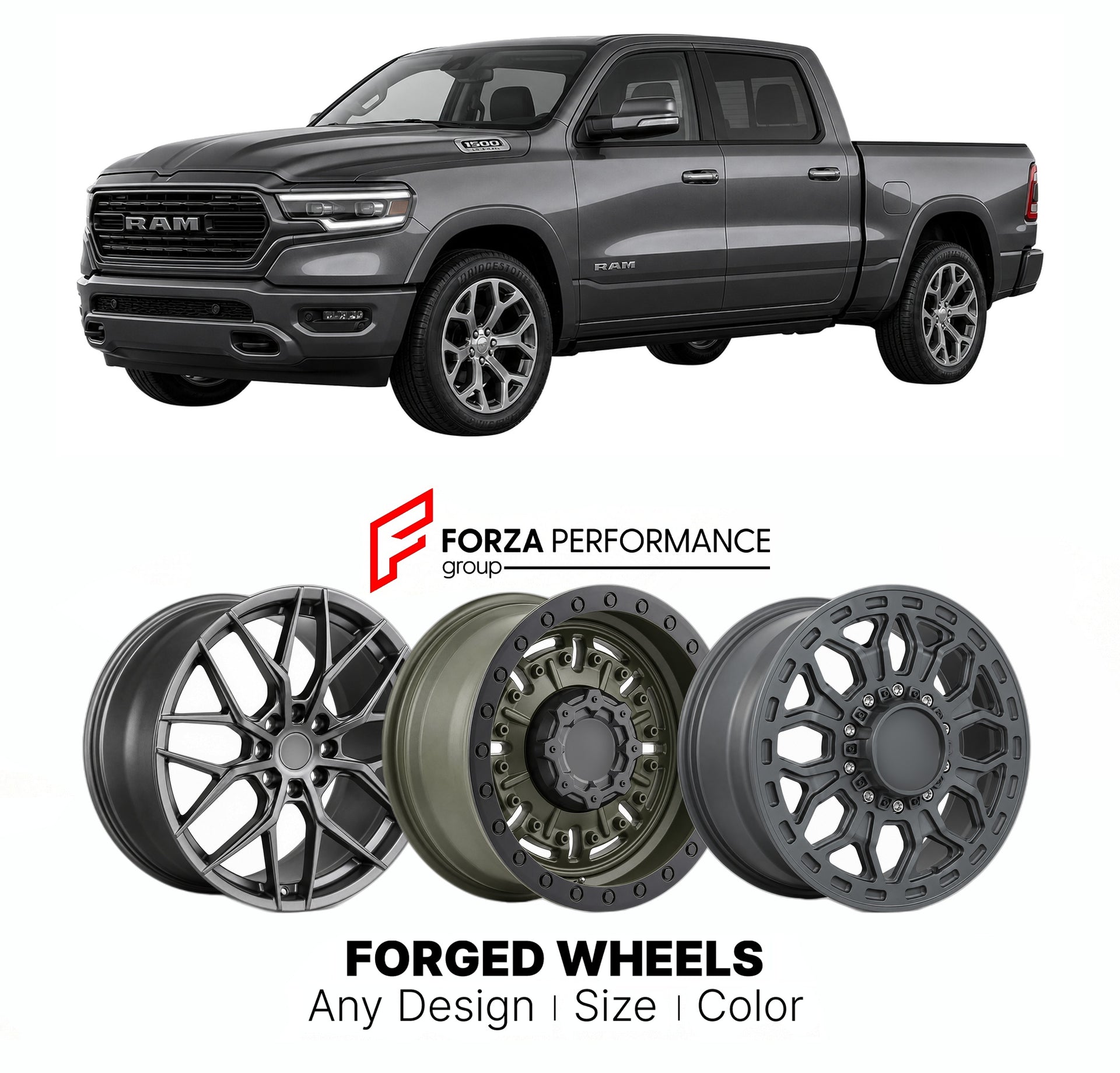 FORGED WHEELS RIMS for RAM 1500 LIMITED 2019+

Custom forged wheels for Ram 1500 Limited 2019+. Made-to-order monoblock, 2-piece and 3-piece rims in custom sizes, offsets, colors and finishes with guaranteed fitment.

We manufacture premium quality forged wheels rims for Ram 1500 Limited 2019+ in any design, size, color.

THIS WHEEL DESIGN CAN BE CUSTOM-MADE FOR YOUR CAR IN ANY SIZE AND COLOR OPTIONS
Available in monoblock, 2-piece, 3-piece, duoblock, beadlock
3D wheel renderings are provided according to t