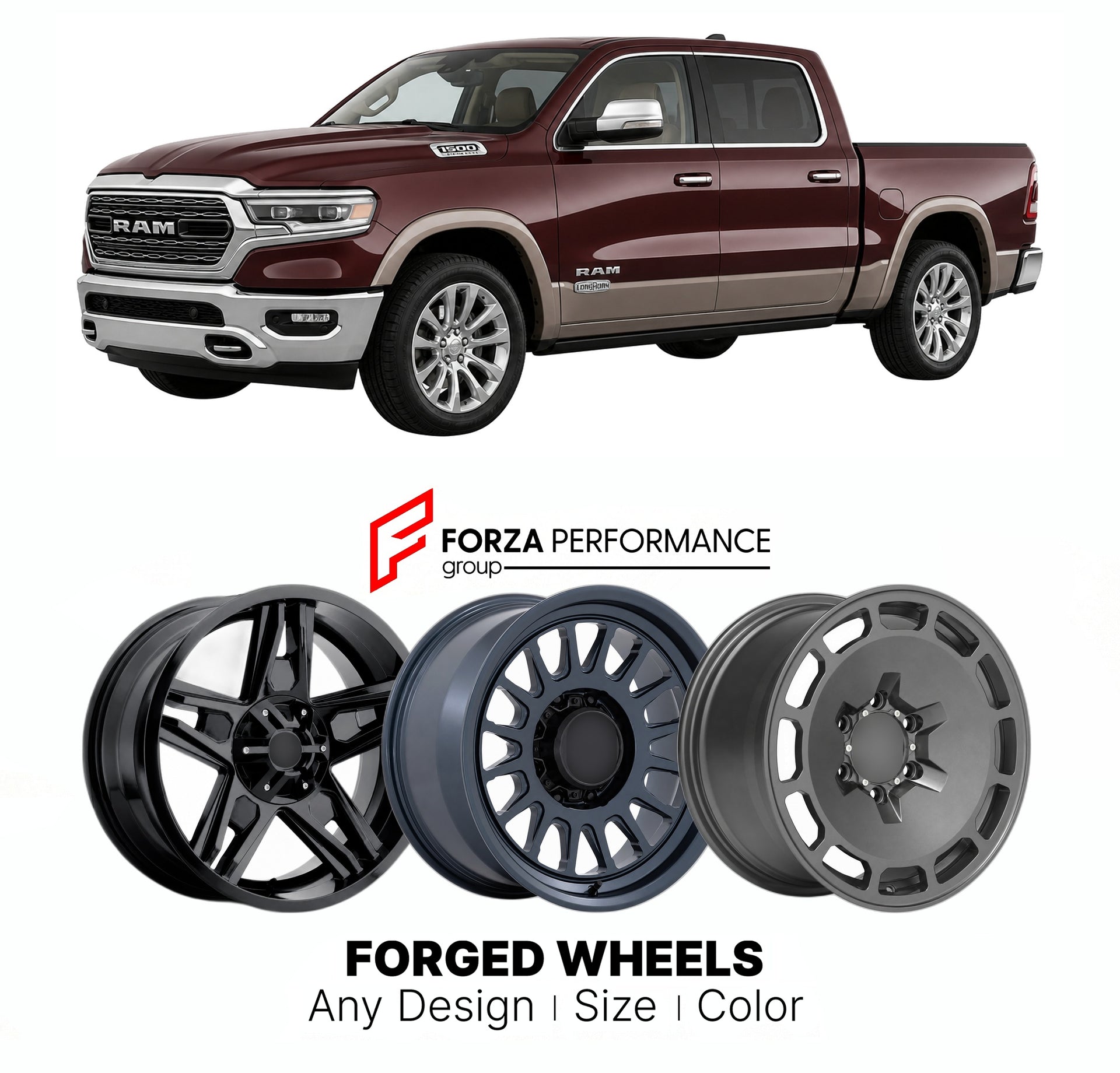 FORGED WHEELS RIMS for RAM 1500 LONGHORN 2019+

Custom forged wheels for Ram 1500 Longhorn 2019+. Made-to-order monoblock, 2-piece and 3-piece rims in custom sizes, offsets, colors and finishes with guaranteed fitment.

We manufacture premium quality forged wheels rims for Ram 1500 Longhorn 2019+ in any design, size, color.

THIS WHEEL DESIGN CAN BE CUSTOM-MADE FOR YOUR CAR IN ANY SIZE AND COLOR OPTIONS
Available in monoblock, 2-piece, 3-piece, duoblock, beadlock
3D wheel renderings are provided according t