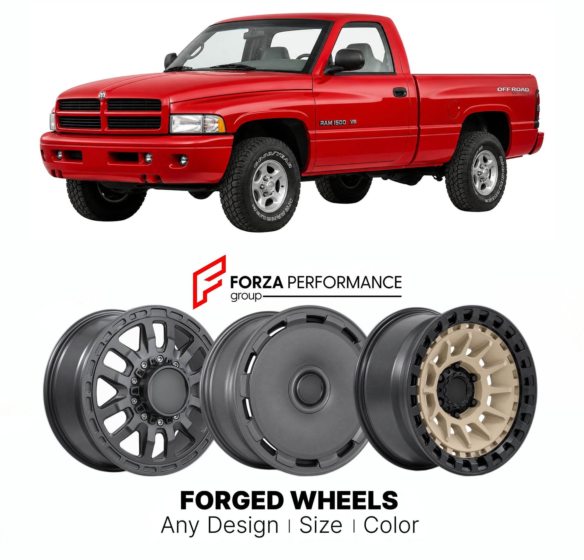 FORGED WHEELS RIMS for RAM 1500 OFF-ROAD EDITION DODGE 1994 - 2001

Custom forged wheels for Ram 1500 Off-Road Edition Dodge 1994 - 2001. Made-to-order monoblock, 2-piece and 3-piece rims in custom sizes, offsets, colors and finishes with guaranteed fitment.

We manufacture premium quality forged wheels rims for Ram 1500 Off-Road Edition Dodge 1994 - 2001 in any design, size, color.

THIS WHEEL DESIGN CAN BE CUSTOM-MADE FOR YOUR CAR IN ANY SIZE AND COLOR OPTIONS
Available in monoblock, 2-piece, 3-piece, duo