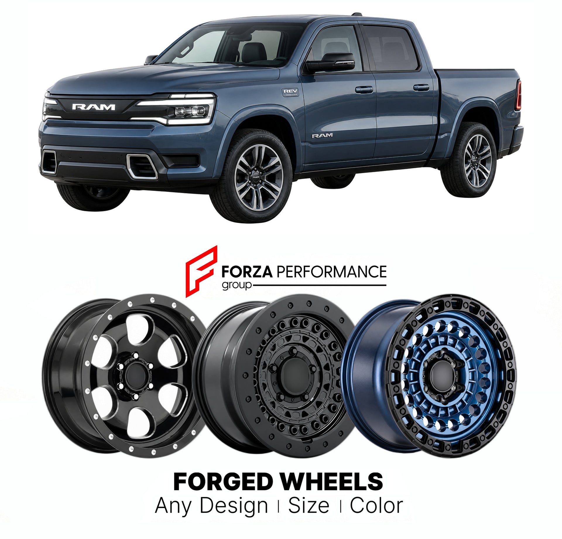 FORGED WHEELS RIMS for RAM 1500 REV BIG HORN ELECTRIC RANGE-EXTENDED PICKUP 2026+

Custom forged wheels for Ram 1500 REV Big Horn Electric Range-Extended Pickup 2026+. Made-to-order monoblock, 2-piece and 3-piece rims in custom sizes, offsets, colors and finishes with guaranteed fitment.

We manufacture premium quality forged wheels rims for Ram 1500 REV Big Horn Electric Range-Extended Pickup 2026+ in any design, size, color.

THIS WHEEL DESIGN CAN BE CUSTOM-MADE FOR YOUR CAR IN ANY SIZE AND COLOR OPTIONS
