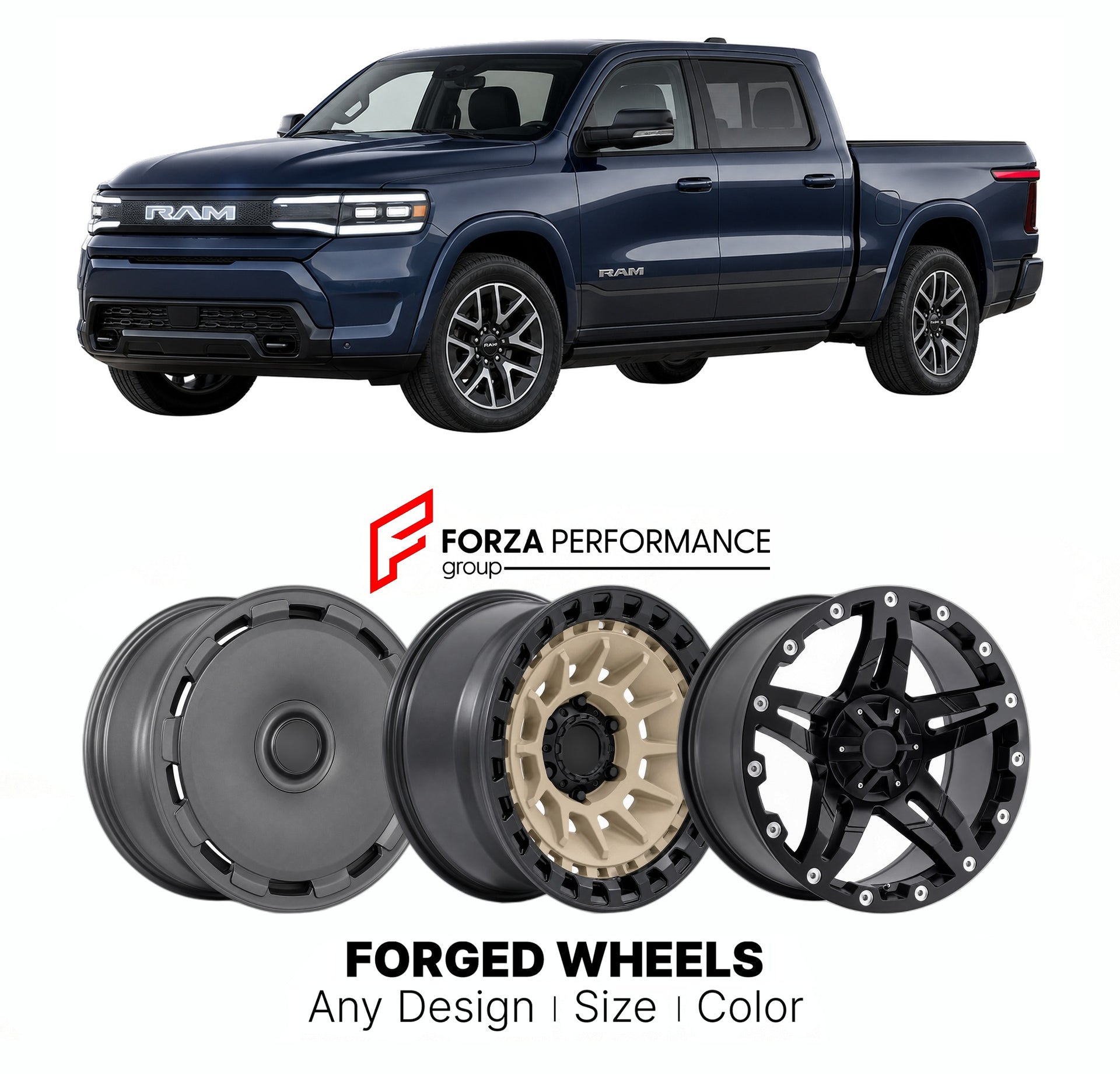 FORGED WHEELS RIMS for RAM 1500 REV ELECTRIC PICKUP 2026+

Custom forged wheels for Ram 1500 REV Electric Pickup 2026+. Made-to-order monoblock, 2-piece and 3-piece rims in custom sizes, offsets, colors and finishes with guaranteed fitment.

We manufacture premium quality forged wheels rims for Ram 1500 REV Electric Pickup 2026+ in any design, size, color.

THIS WHEEL DESIGN CAN BE CUSTOM-MADE FOR YOUR CAR IN ANY SIZE AND COLOR OPTIONS
Available in monoblock, 2-piece, 3-piece, duoblock, beadlock
3D wheel re