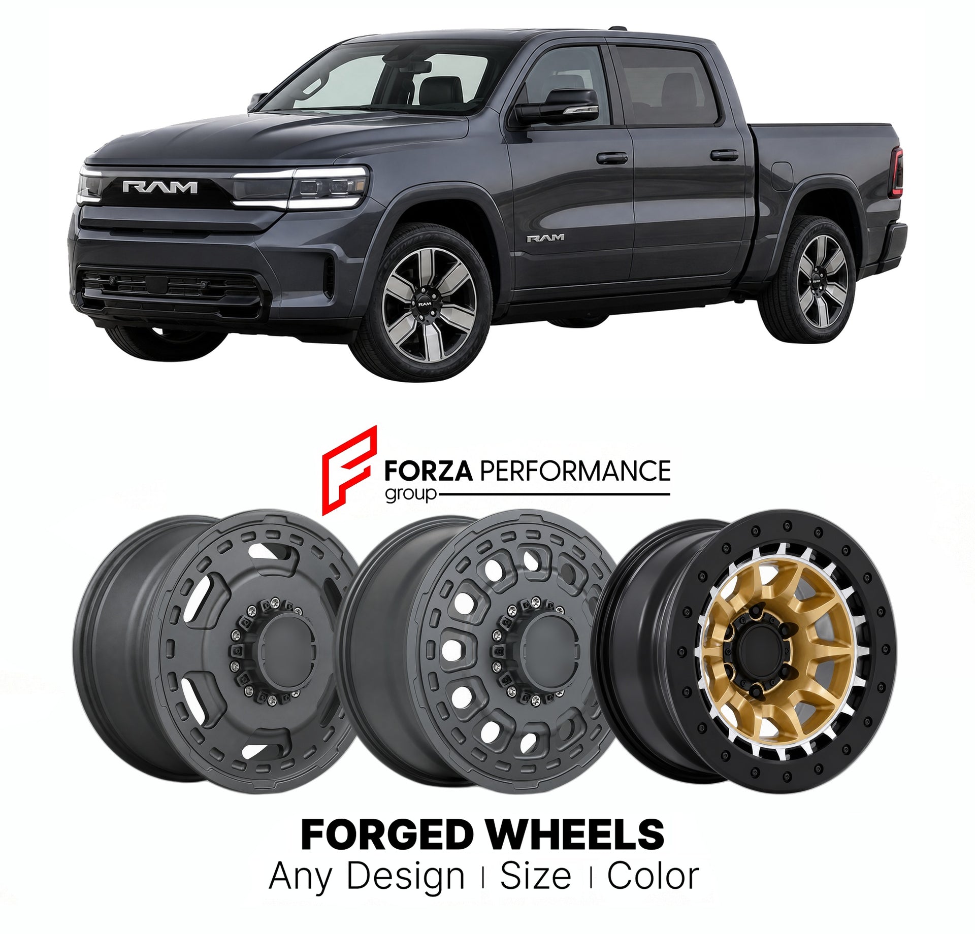 FORGED WHEELS RIMS for RAM 1500 REV LIMITED ELECTRIC RANGE-EXTENDED PICKUP 2026+

Custom forged wheels for Ram 1500 REV Limited Electric Range-Extended Pickup 2026+. Made-to-order monoblock, 2-piece and 3-piece rims in custom sizes, offsets, colors and finishes with guaranteed fitment.

We manufacture premium quality forged wheels rims for Ram 1500 REV Limited Electric Range-Extended Pickup 2026+ in any design, size, color.

THIS WHEEL DESIGN CAN BE CUSTOM-MADE FOR YOUR CAR IN ANY SIZE AND COLOR OPTIONS
Ava