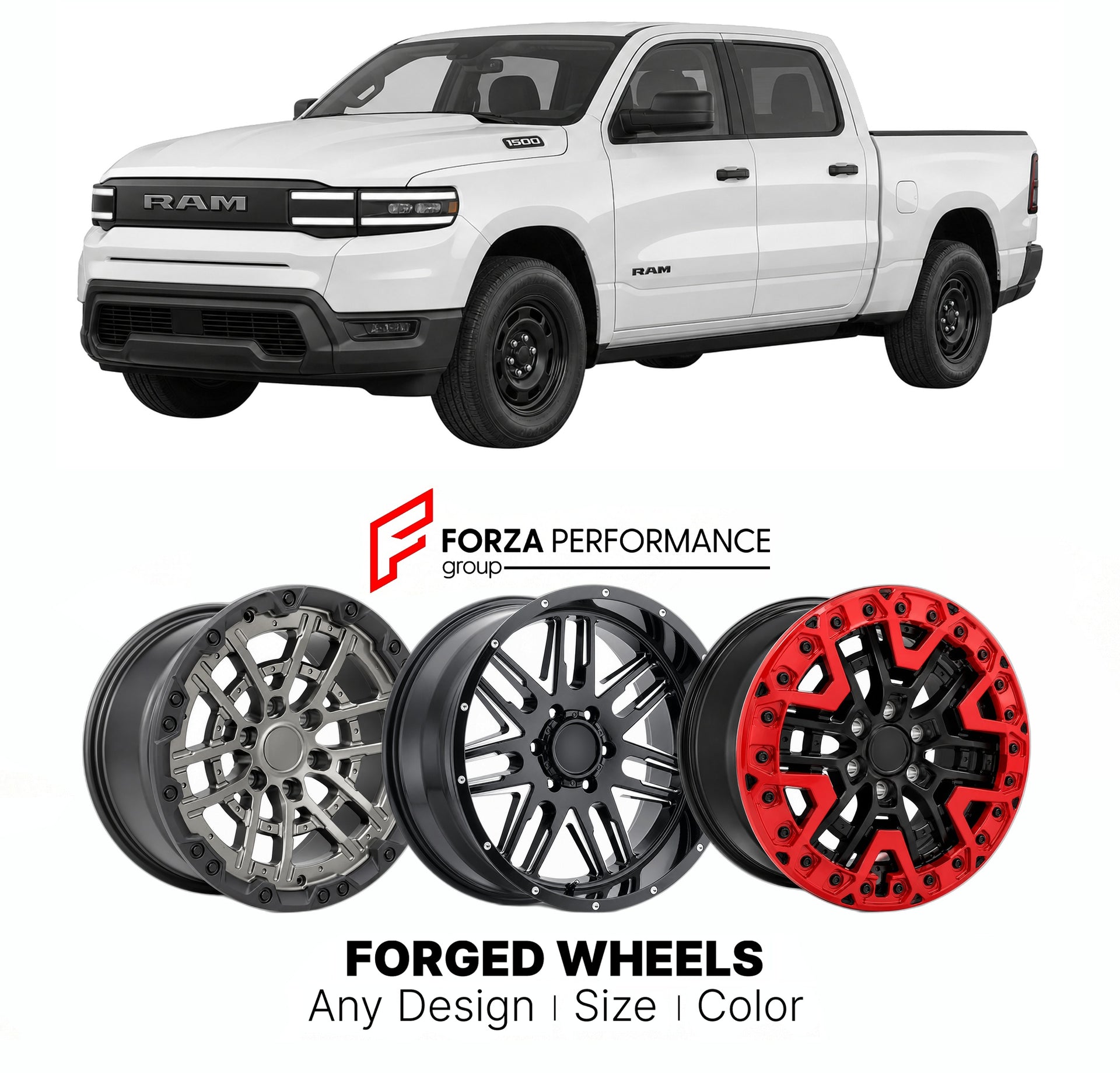 FORGED WHEELS RIMS for RAM 1500 REV TRADESMAN ELECTRIC RANGE-EXTENDED PICKUP 2026+

Custom forged wheels for Ram 1500 REV Tradesman Electric Range-Extended Pickup 2026+. Made-to-order monoblock, 2-piece and 3-piece rims in custom sizes, offsets, colors and finishes with guaranteed fitment.

We manufacture premium quality forged wheels rims for Ram 1500 REV Tradesman Electric Range-Extended Pickup 2026+ in any design, size, color.

THIS WHEEL DESIGN CAN BE CUSTOM-MADE FOR YOUR CAR IN ANY SIZE AND COLOR OPTIO