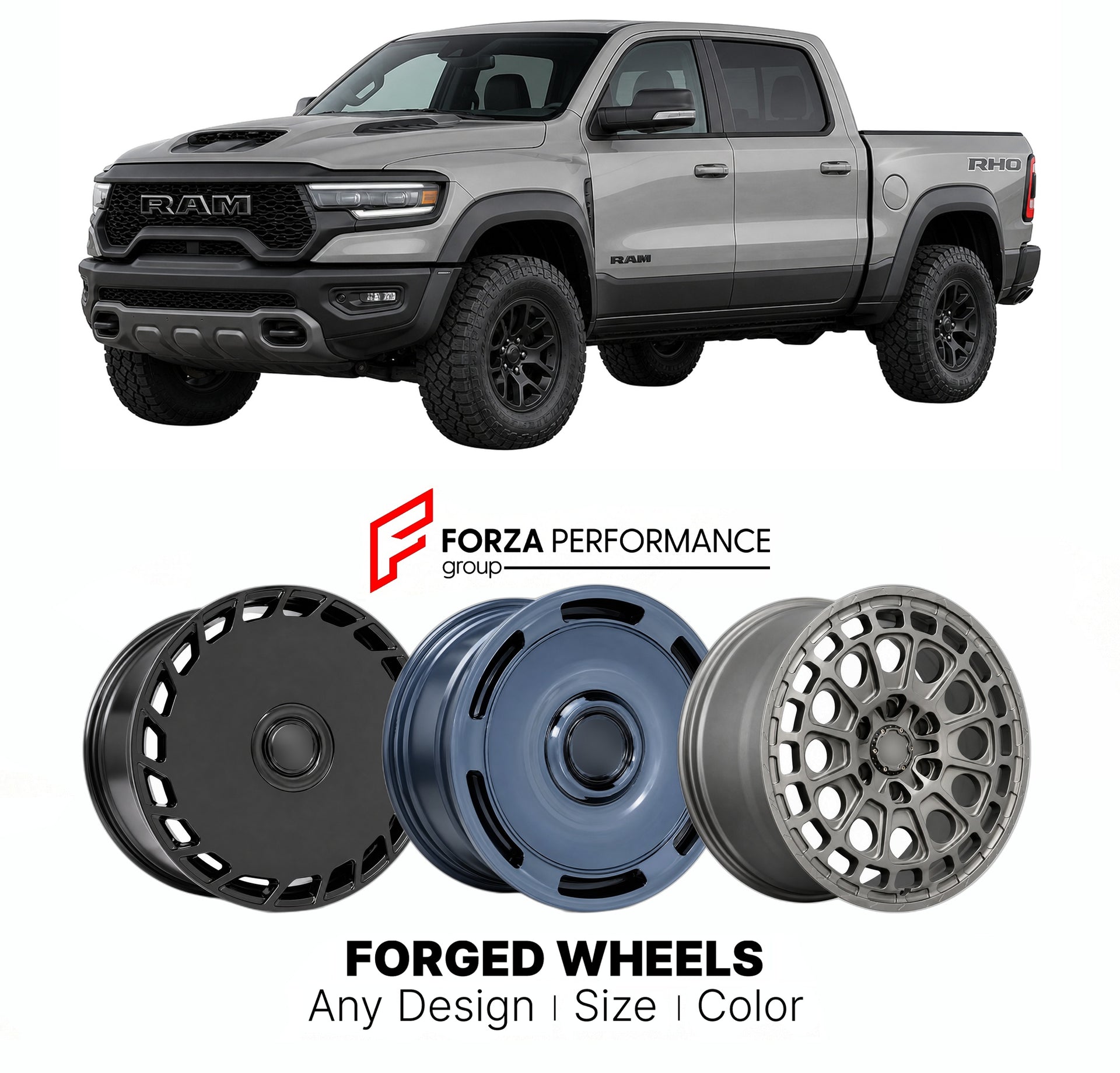 FORGED WHEELS RIMS for RAM 1500 RHO 2019+

Custom forged wheels for Ram 1500 RHO 2019+. Made-to-order monoblock, 2-piece and 3-piece rims in custom sizes, offsets, colors and finishes with guaranteed fitment.

We manufacture premium quality forged wheels rims for Ram 1500 RHO 2019+ in any design, size, color.

THIS WHEEL DESIGN CAN BE CUSTOM-MADE FOR YOUR CAR IN ANY SIZE AND COLOR OPTIONS
Available in monoblock, 2-piece, 3-piece, duoblock, beadlock
3D wheel renderings are provided according to the exact dim